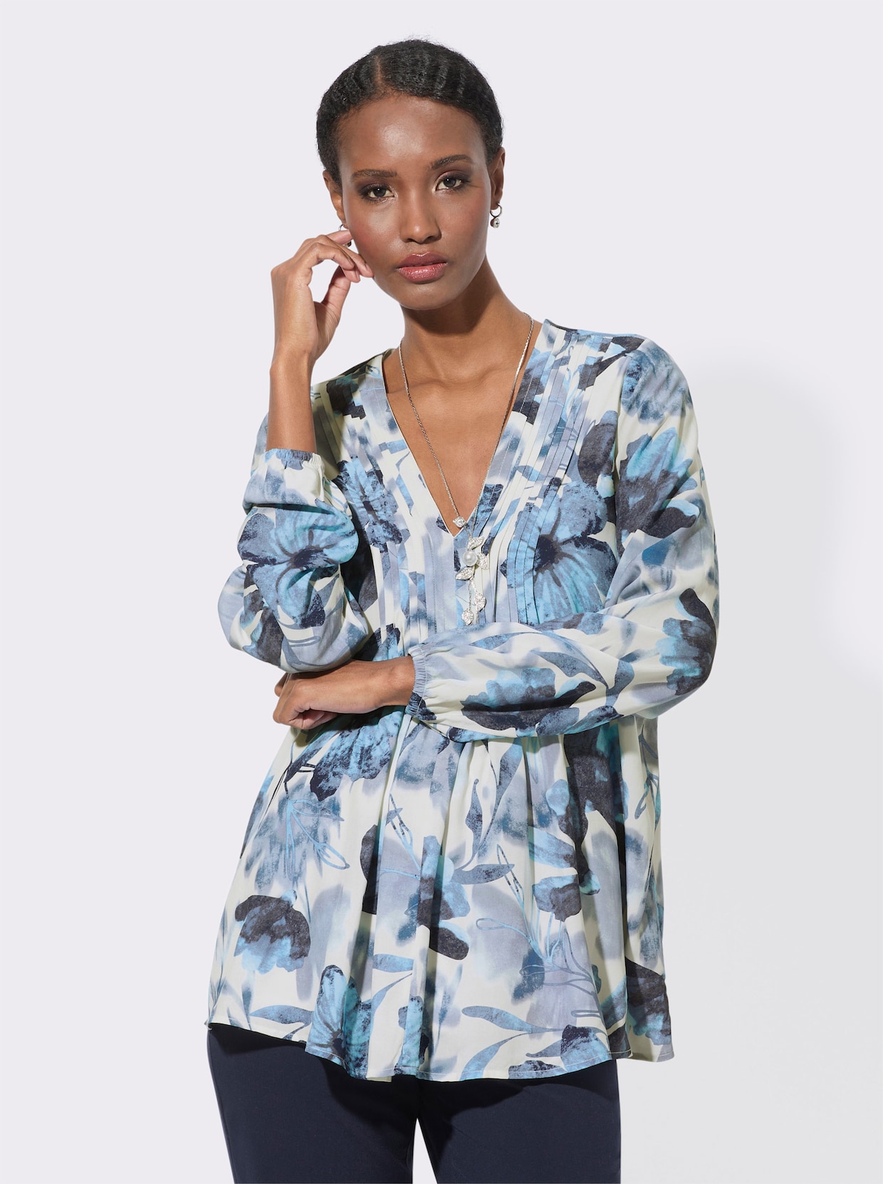 Druckbluse - champagner-jeansblau-bedruckt