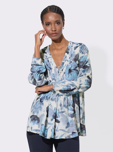 Druckbluse mit Biesenverzierung - champagner-jeansblau-bedruckt