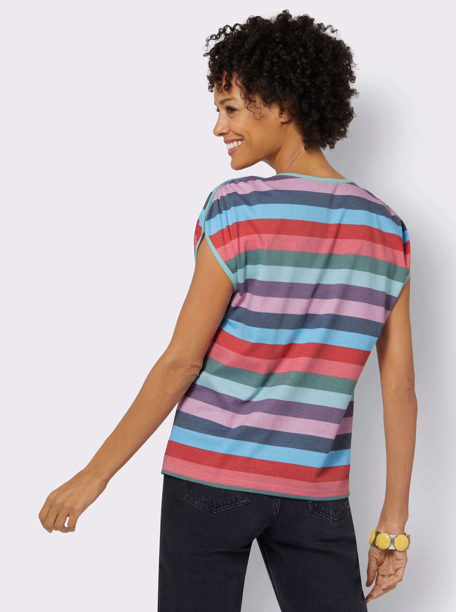 Randig topp med båtringning - mint-ljusrosa-randig