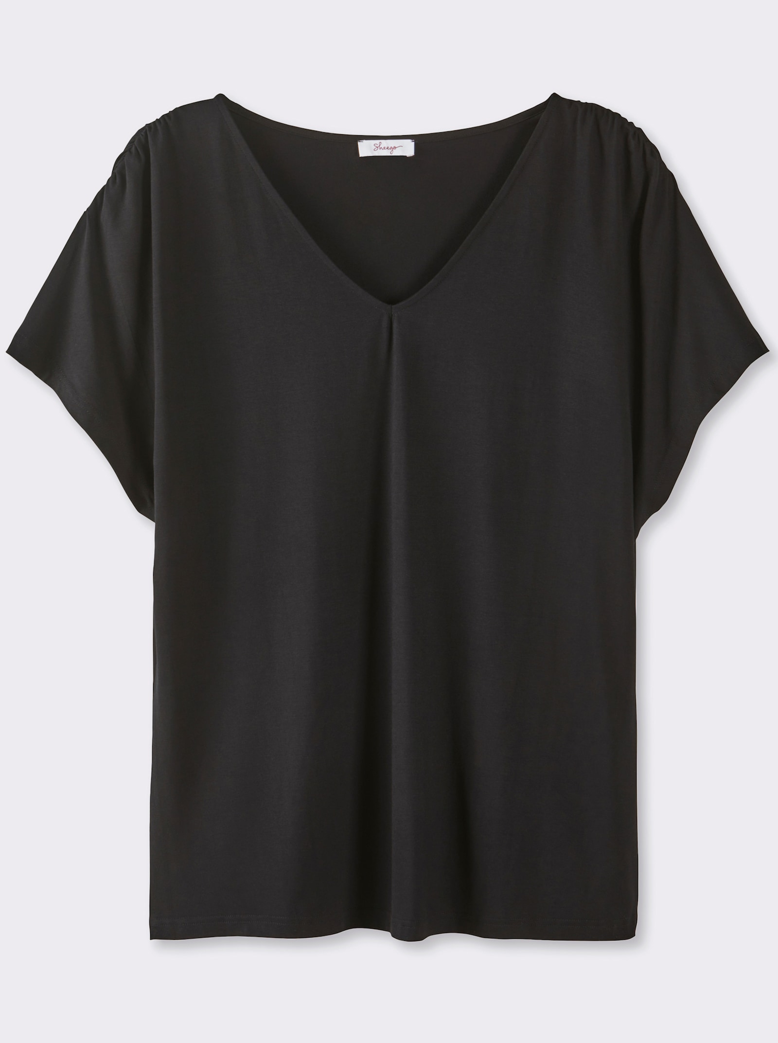 sheego V-Shirt mit Raffungen an der Schulternaht - schwarz