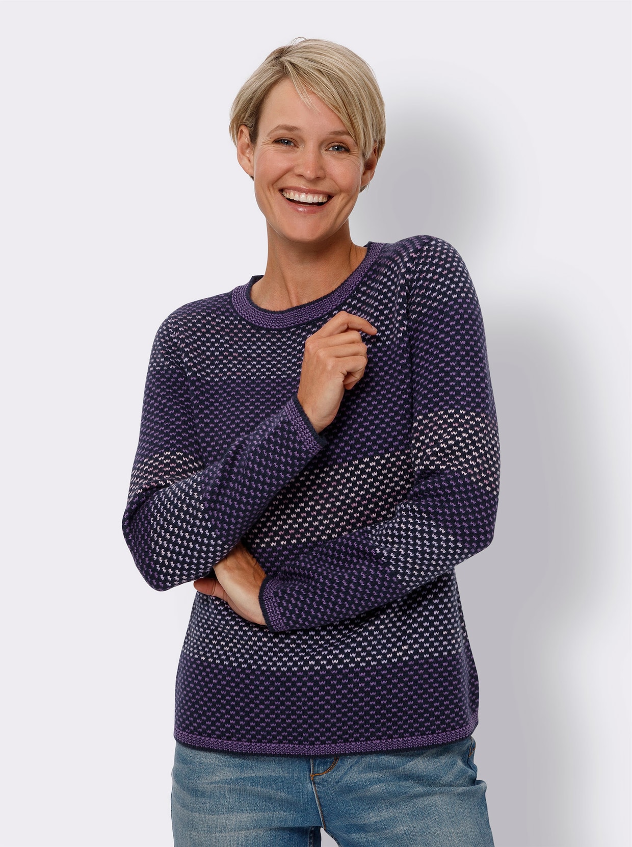 Langarm-Pullover - lila-marine-gemustert
