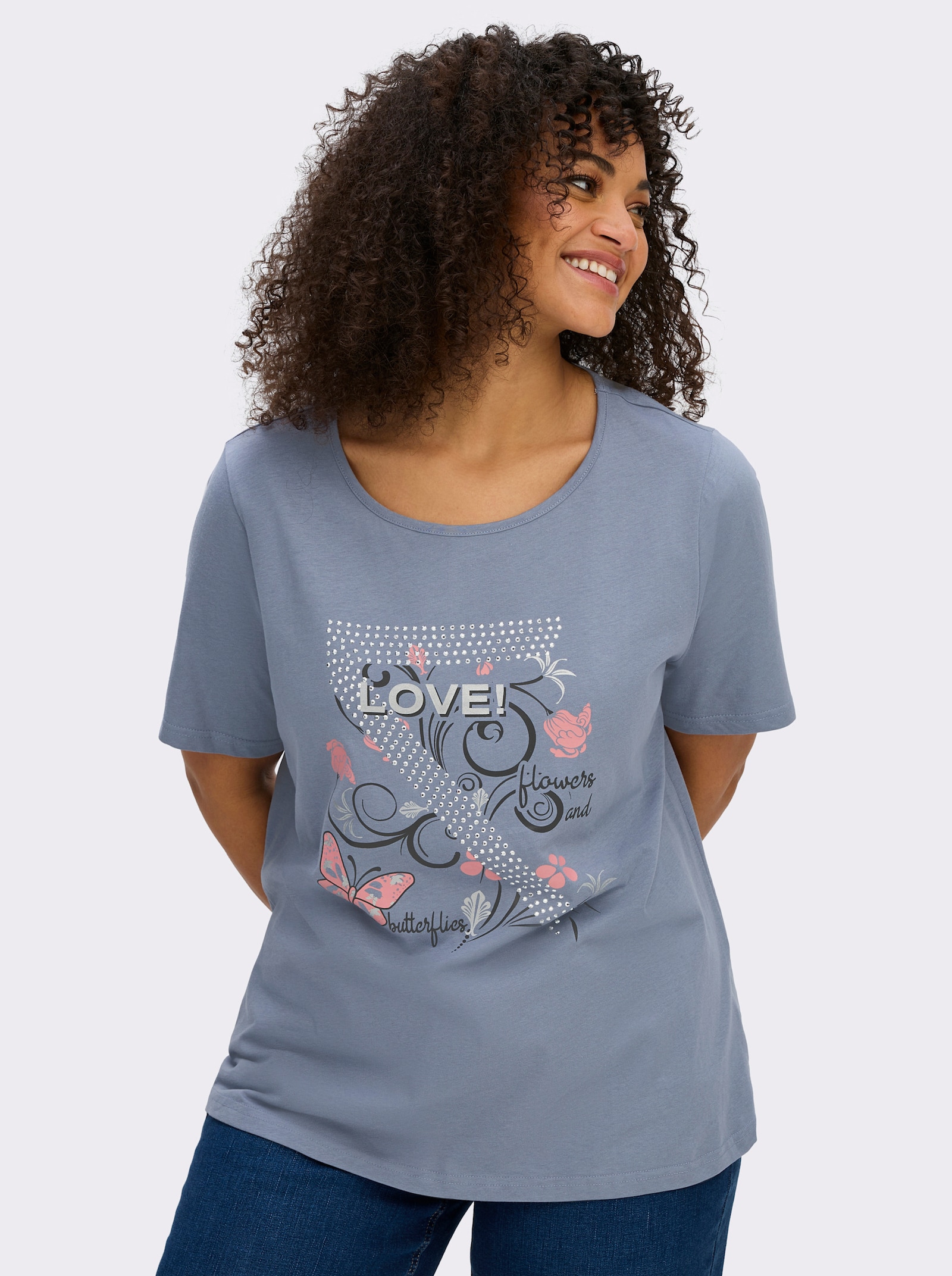 T-Shirt mit Schmetterlings-Druck - taubenblau