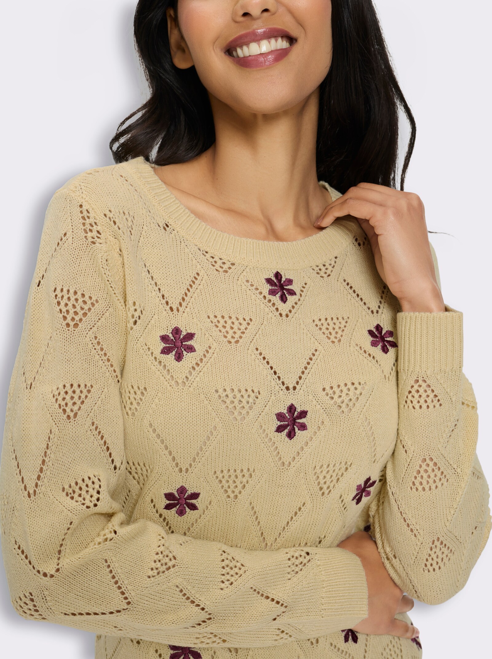 Ajourpullover mit Blumenstickerei - sand-bordeaux-gemustert