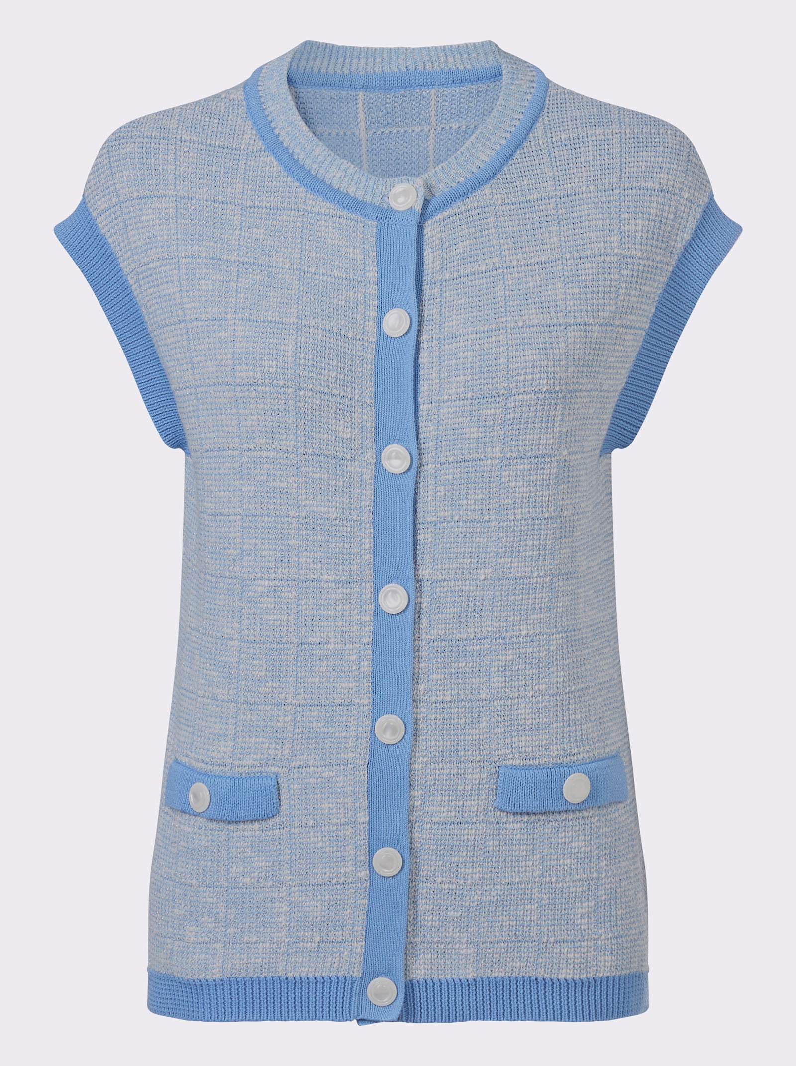 Strickweste mit imitierten Pattentaschen - himmelblau-ecru-gemustert
