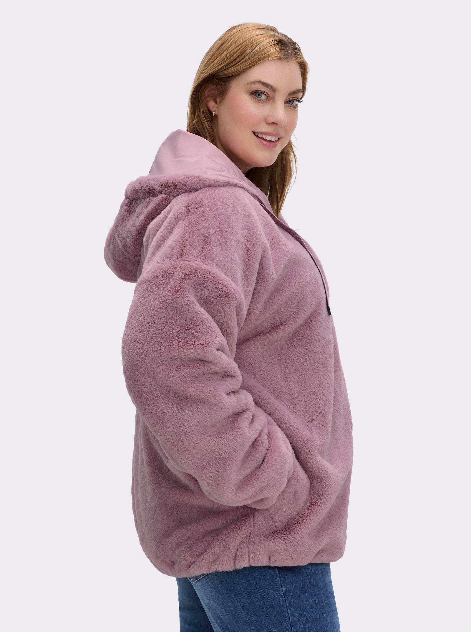 Fellimitatjacke mit Gummizug an Ärmeln und Saum - mauve