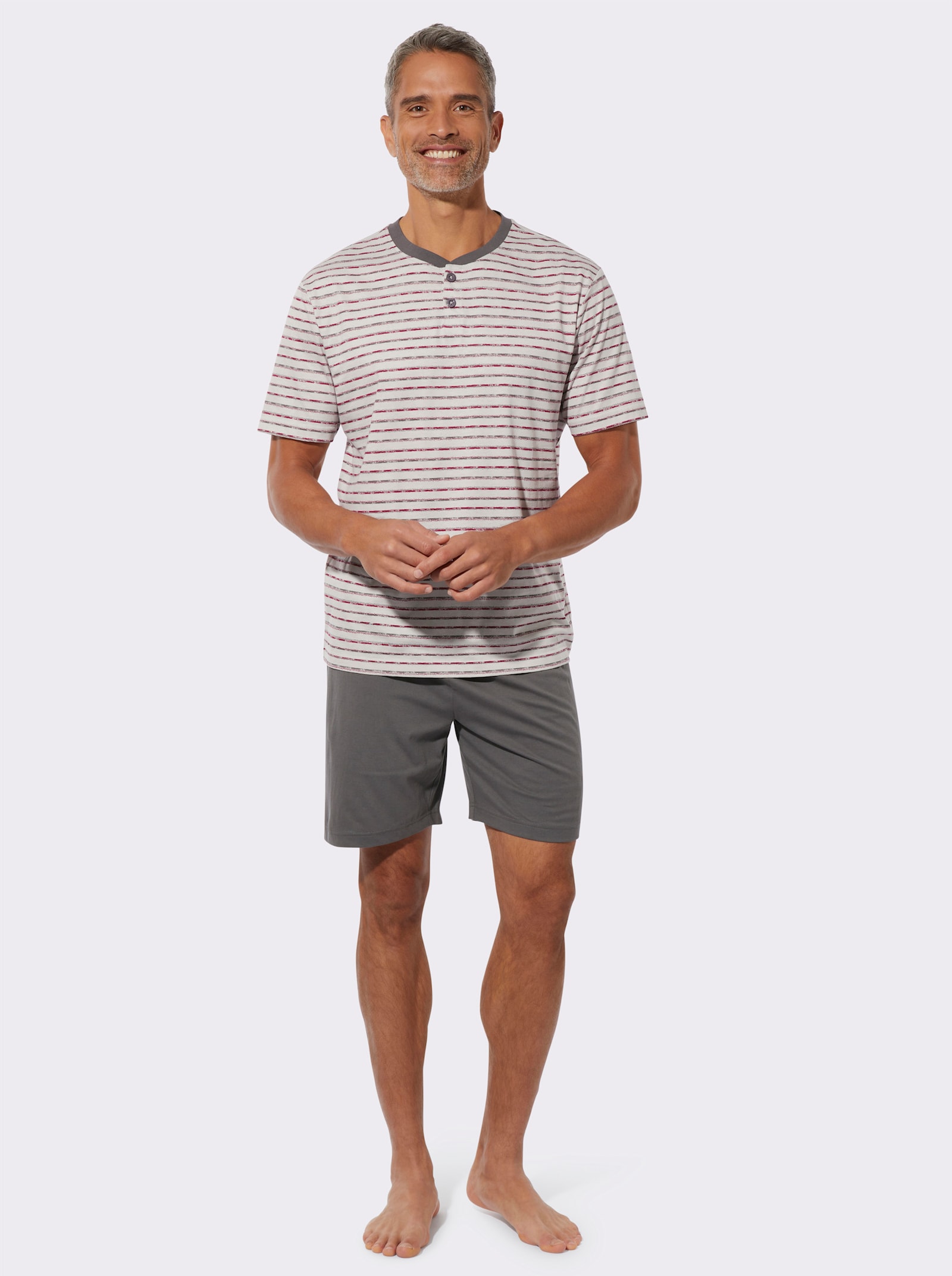 Shorty mit kurzer Knopfleiste - anthrazit-kirsche-geringelt