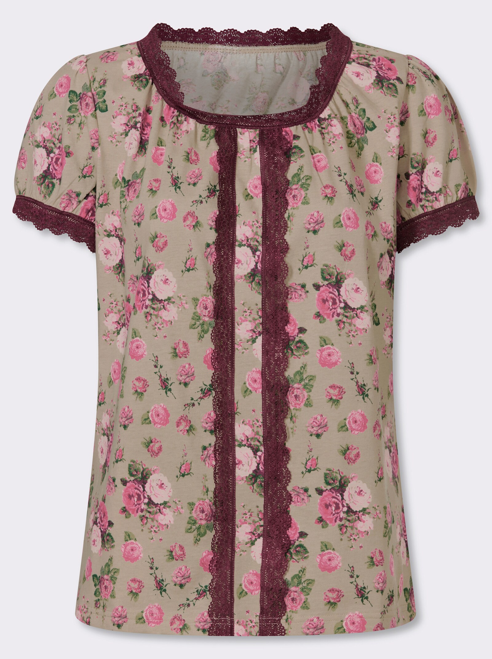 Trachtenshirt mit Spitzen-Details - beige-kirsche-bedruckt
