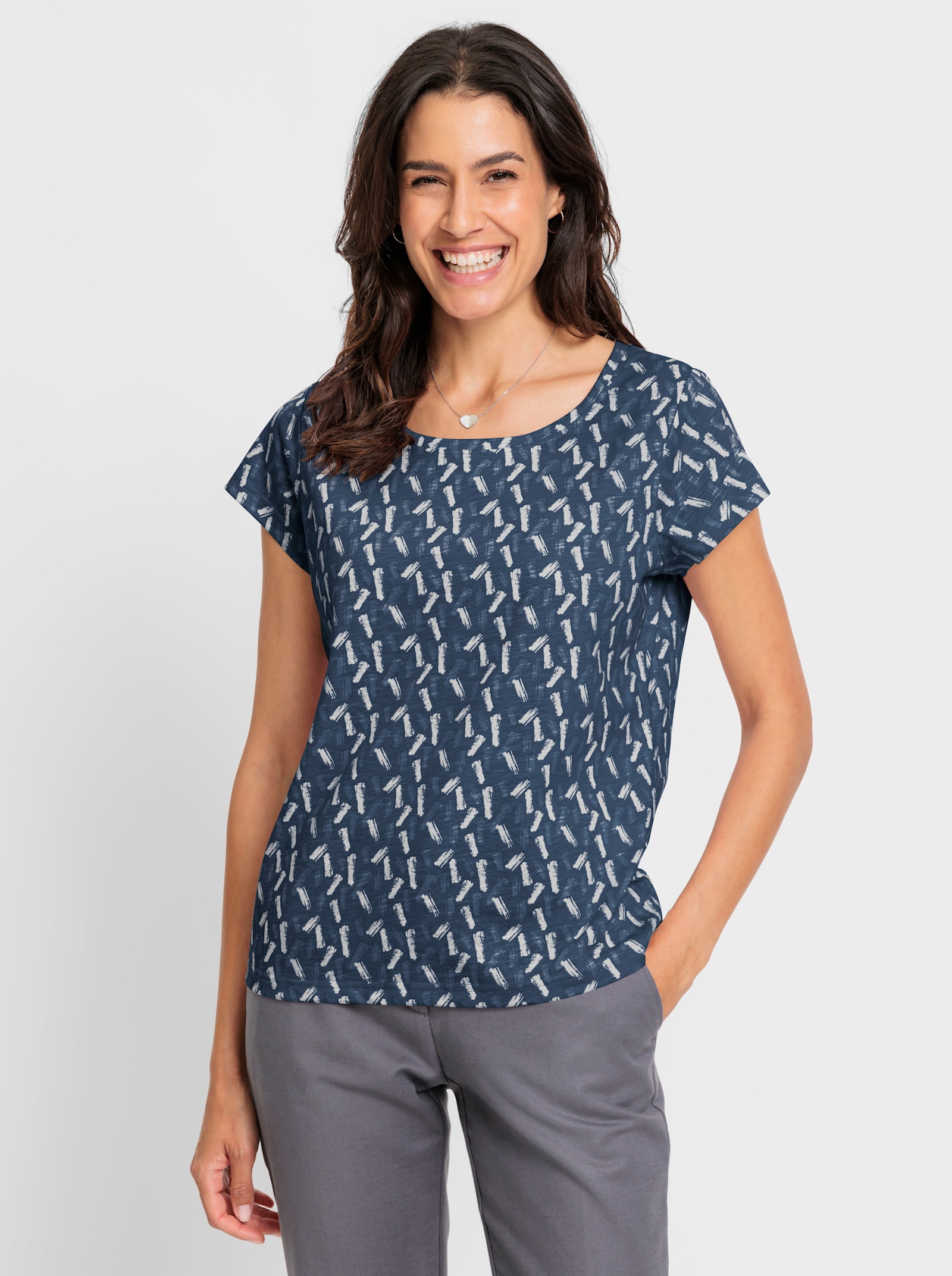 Rundhalsshirt mit Flammgarn-Struktur - dunkelblau-ecru-bedruckt