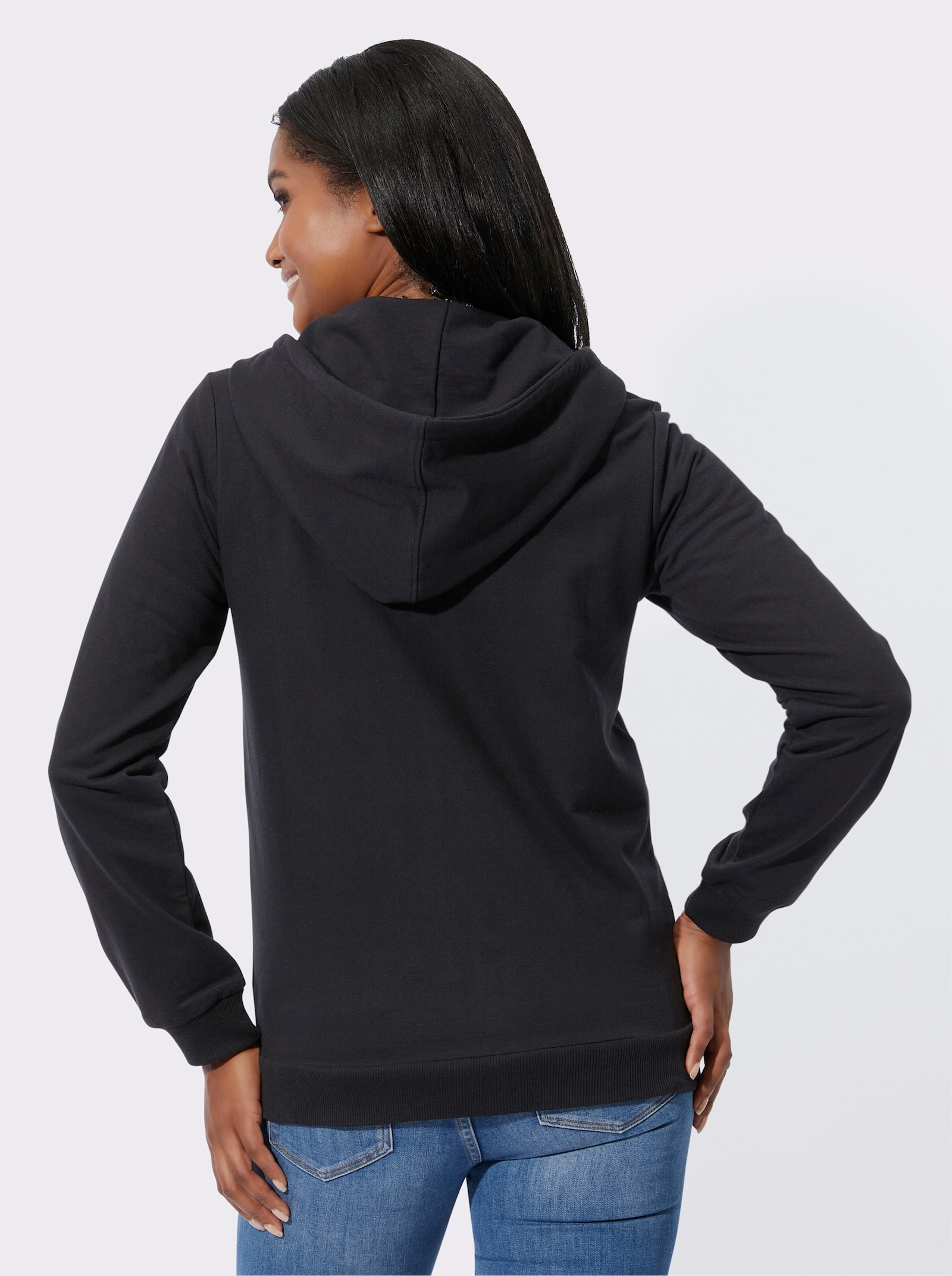 Sweatjacke mit Druck und Glitzersteinchen - schwarz