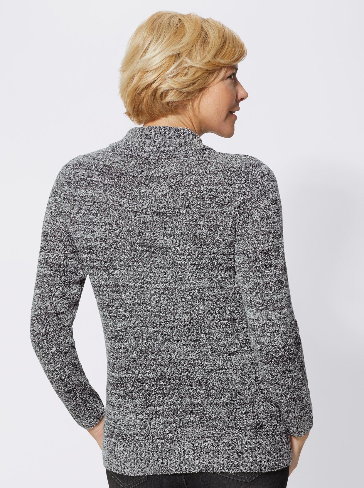 V-Ausschnitt-Pullover - schwarz-weiß-meliert