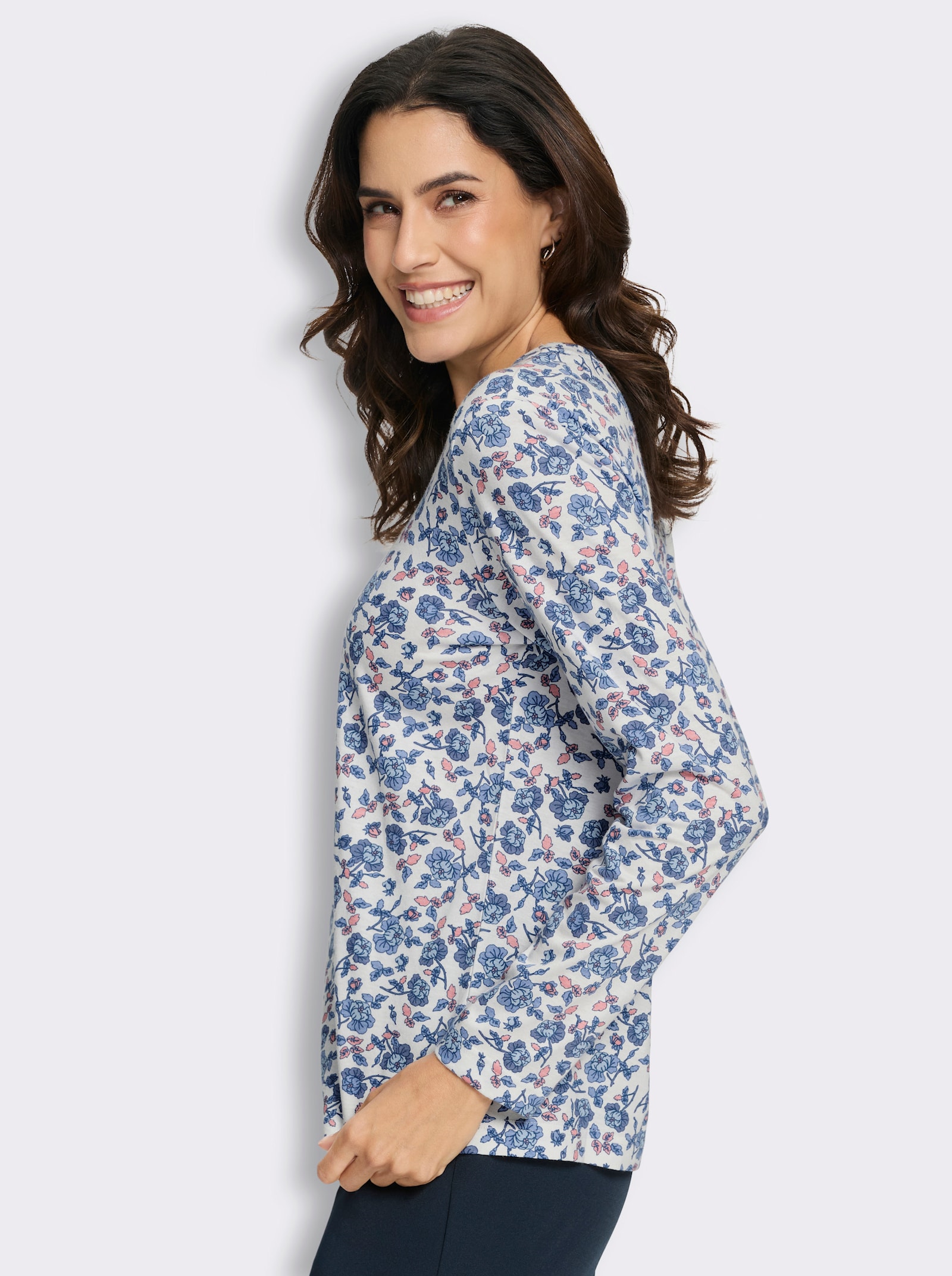 Print-Shirt mit floralem Muster - ecru-jeansblau-bedruckt