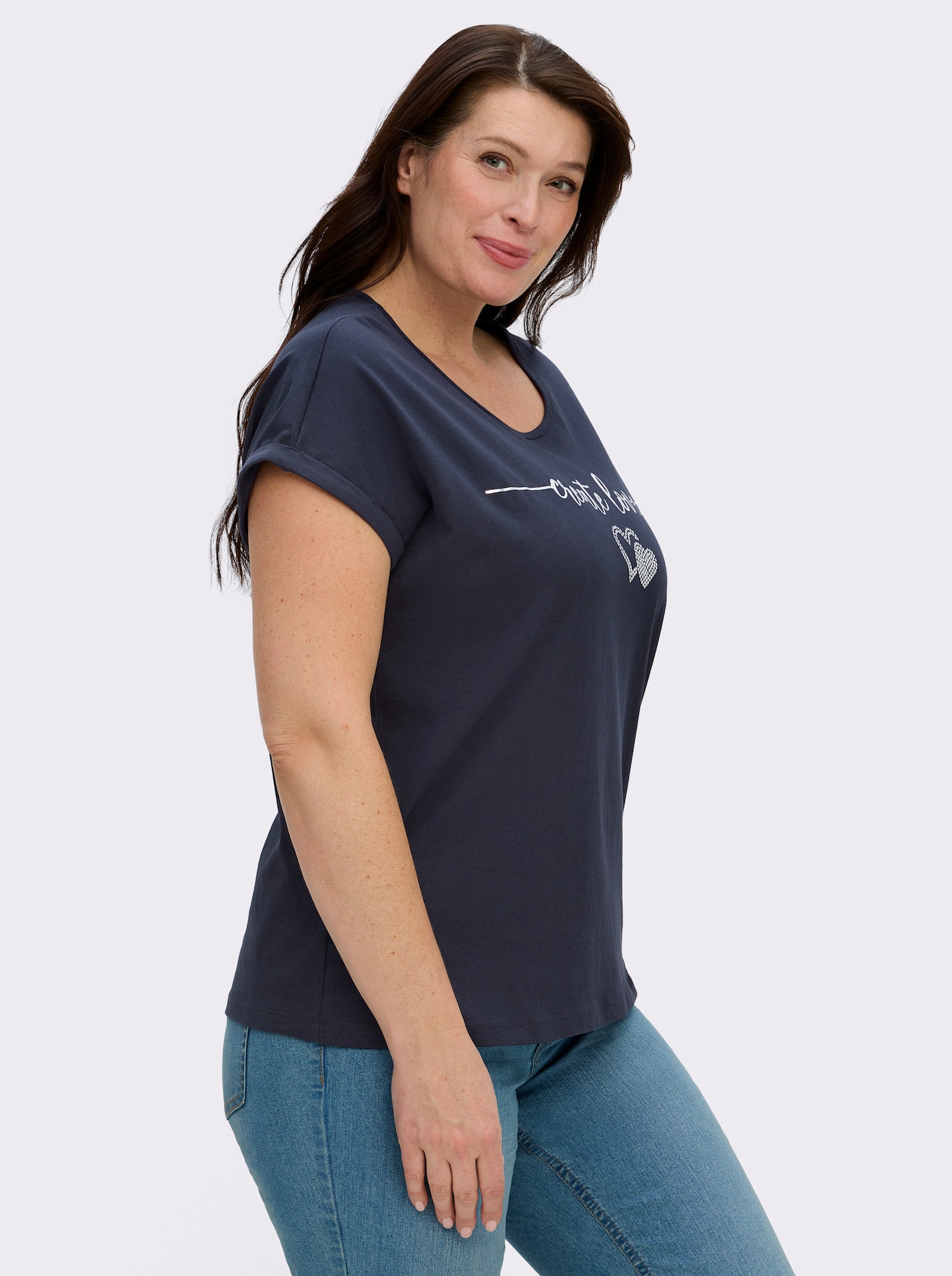 Rundhalsshirt mit Ärmel-Aufschlag - marine