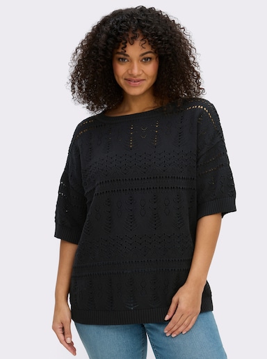 sheego Kurzarmpullover aus Ajourstrick - schwarz