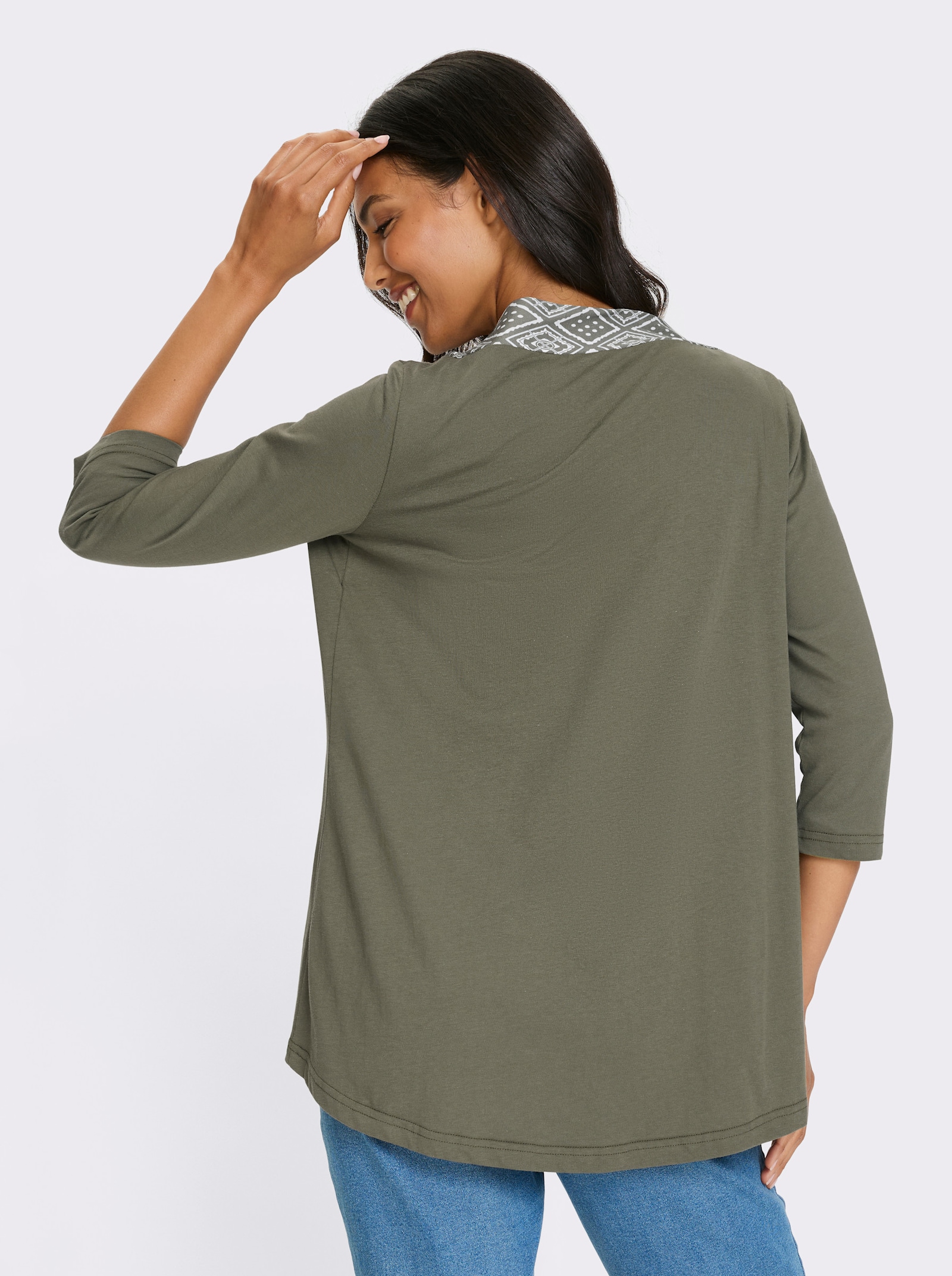 Shirtjasje met bies in etnostijl - kaki/ecru