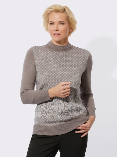 Stehkragenpullover mit Intarsienmuster - taupe-ecru-gemustert