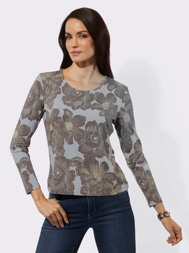 Langarmshirt mit floralem Dessin - hellgrau-dunkeltaupe-bedruckt