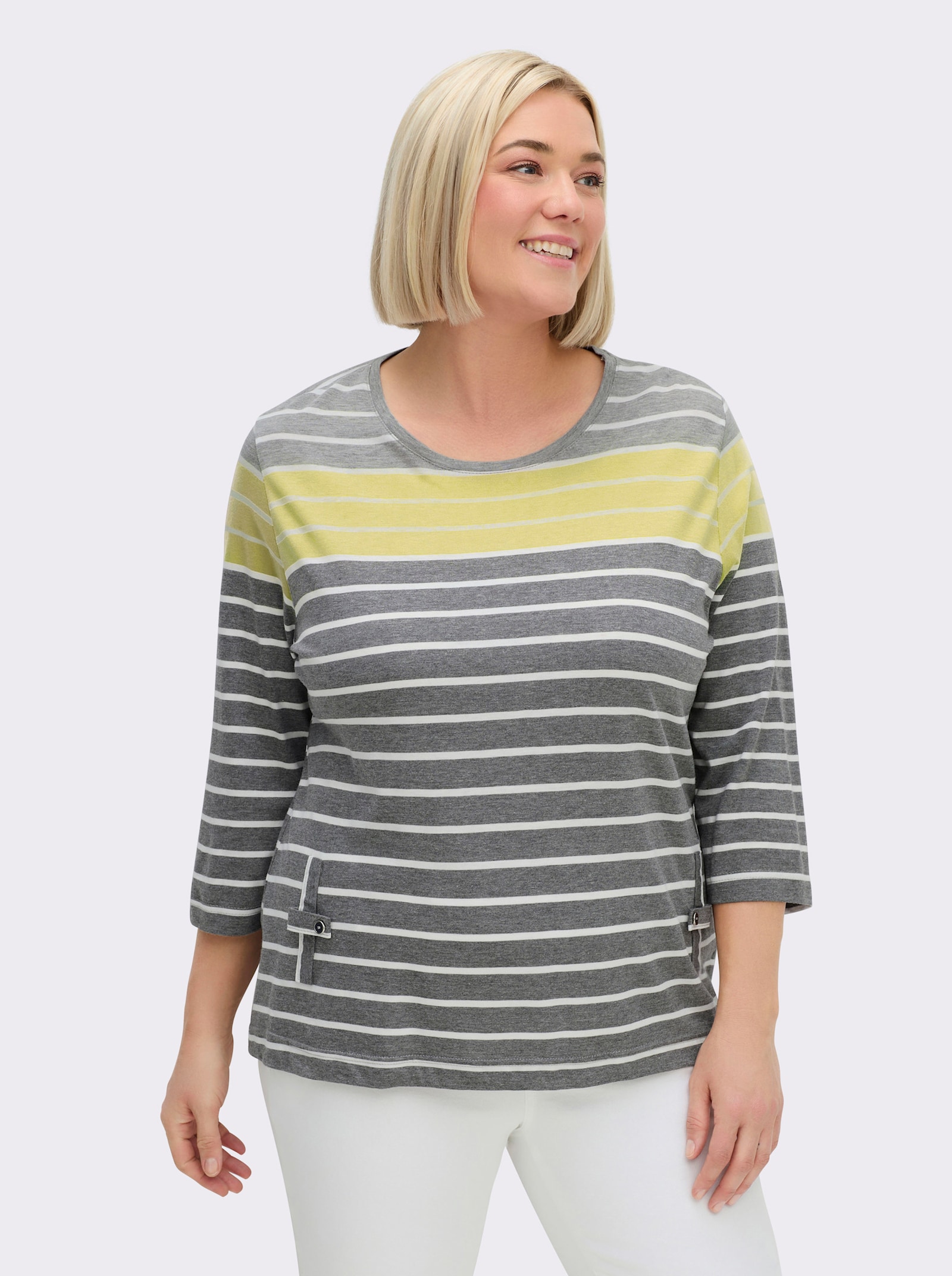 3/4-Arm-Shirt mit 2 imitierten Taschen - anthrazit-zitrone-gestreift