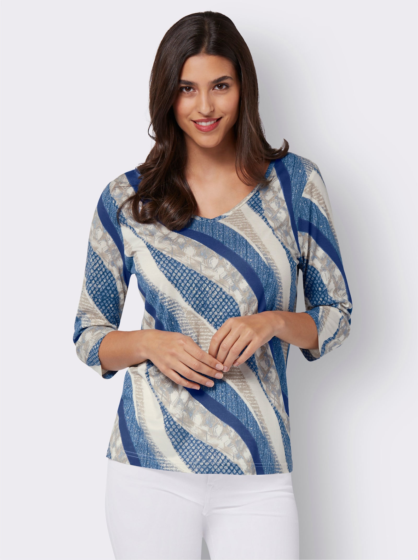 Tričko s 3/4 rukávmi z čistej viskózy - kráľovská modrá – šampanská potlač