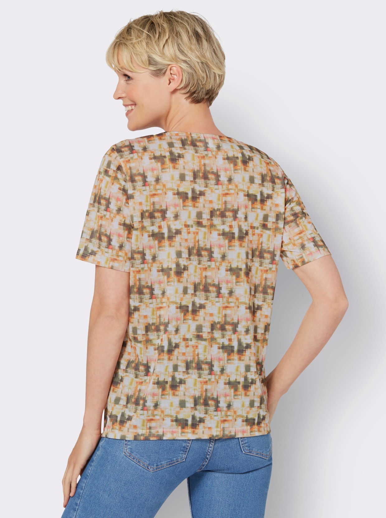 Kurzarm-Shirt - papaya-khaki-bedruckt