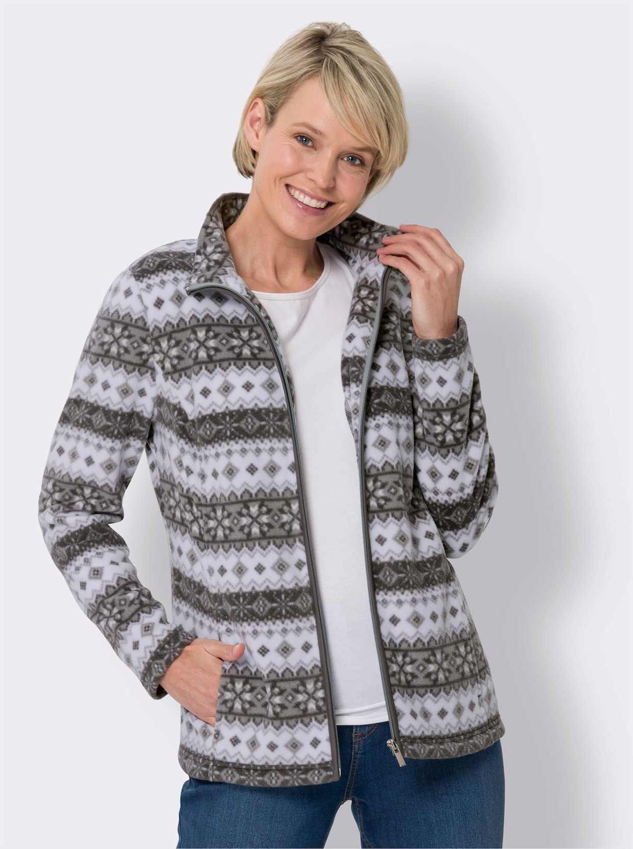 Fleece-Jacke - ecru-anthrazit-bedruckt