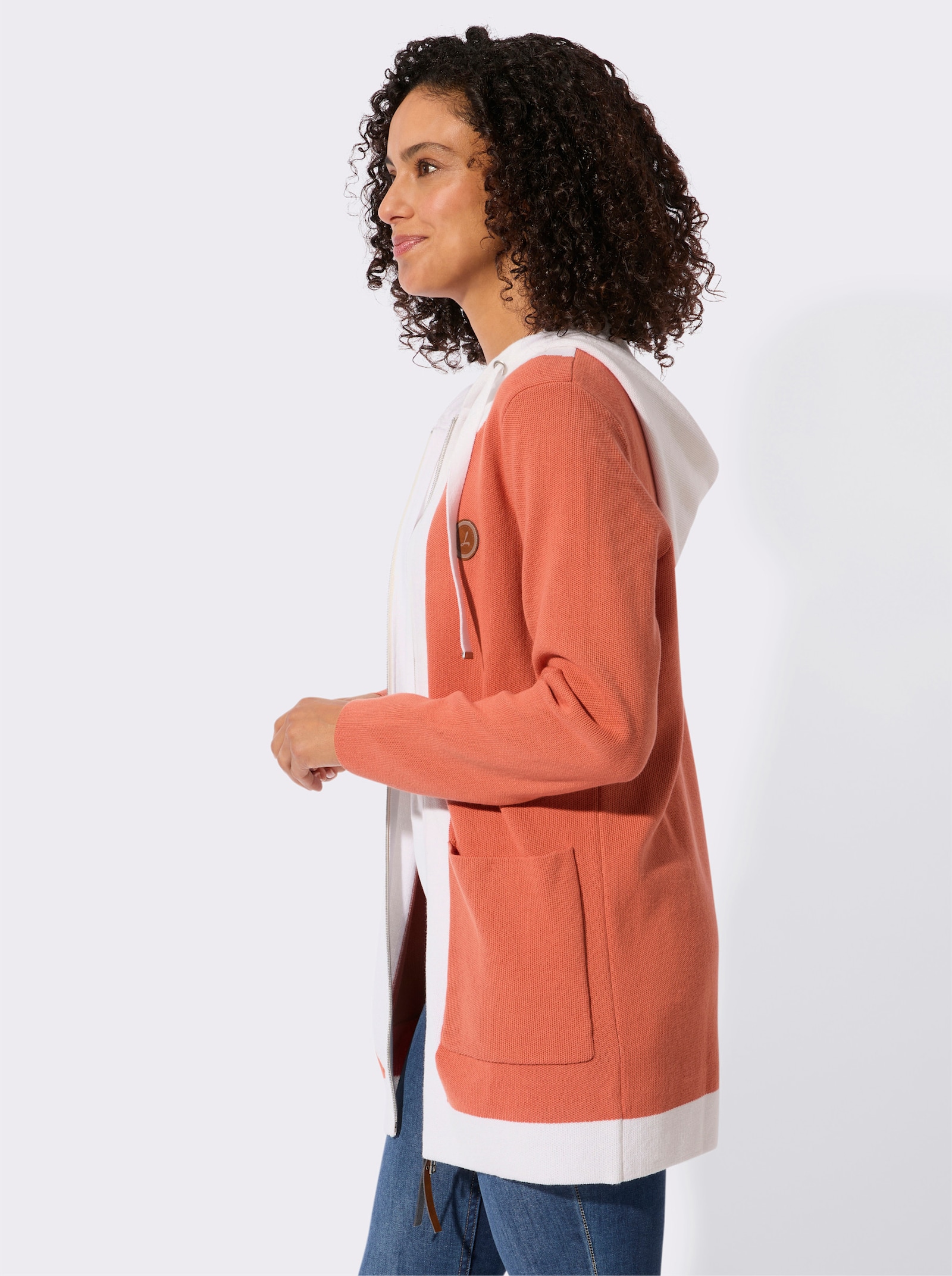 Longstrickjacke mit 2-Wege-Reißverschluss - papaya-ecru