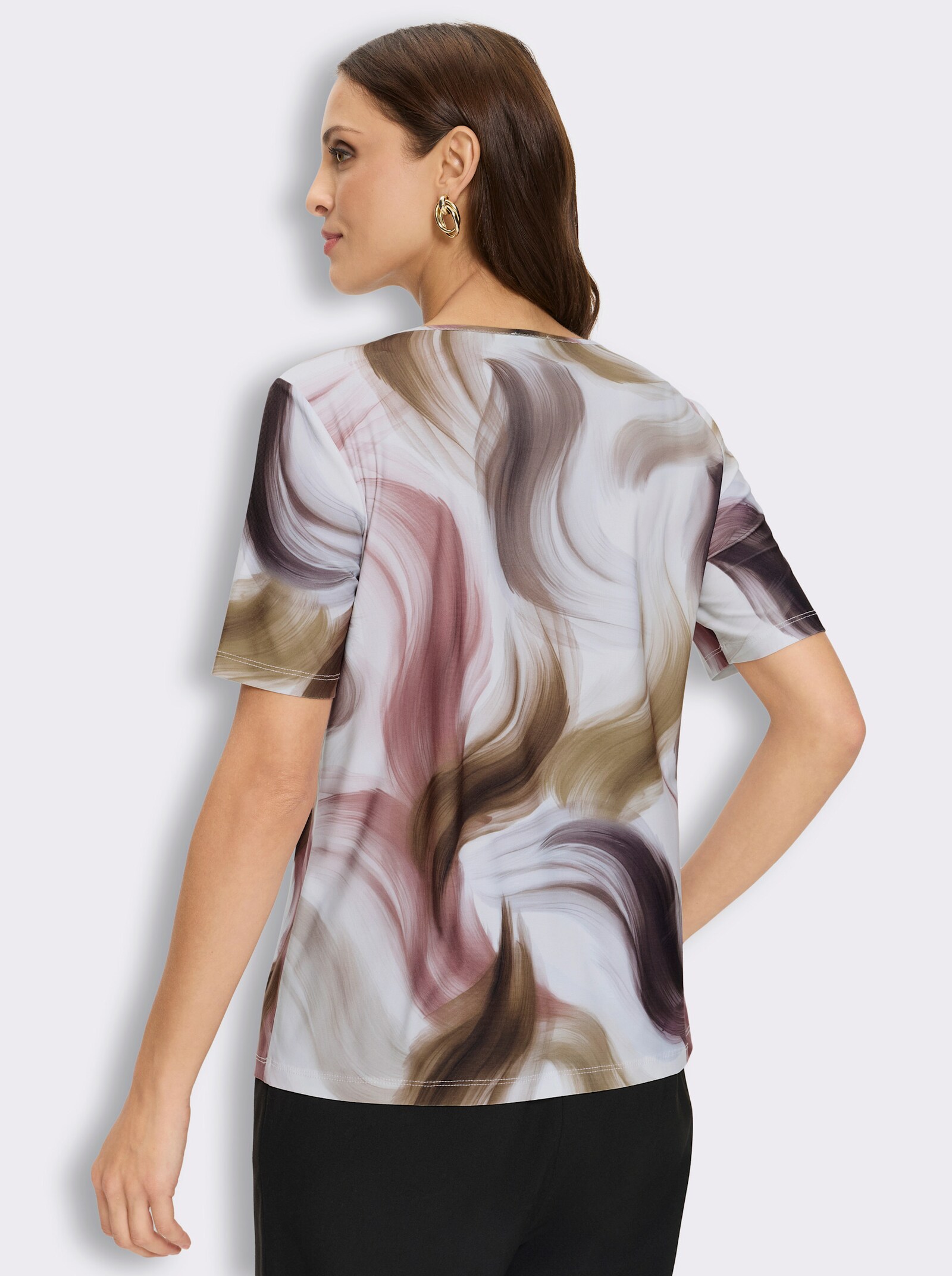 V-Shirt mit Pailletten - ecru-braun-bedruckt