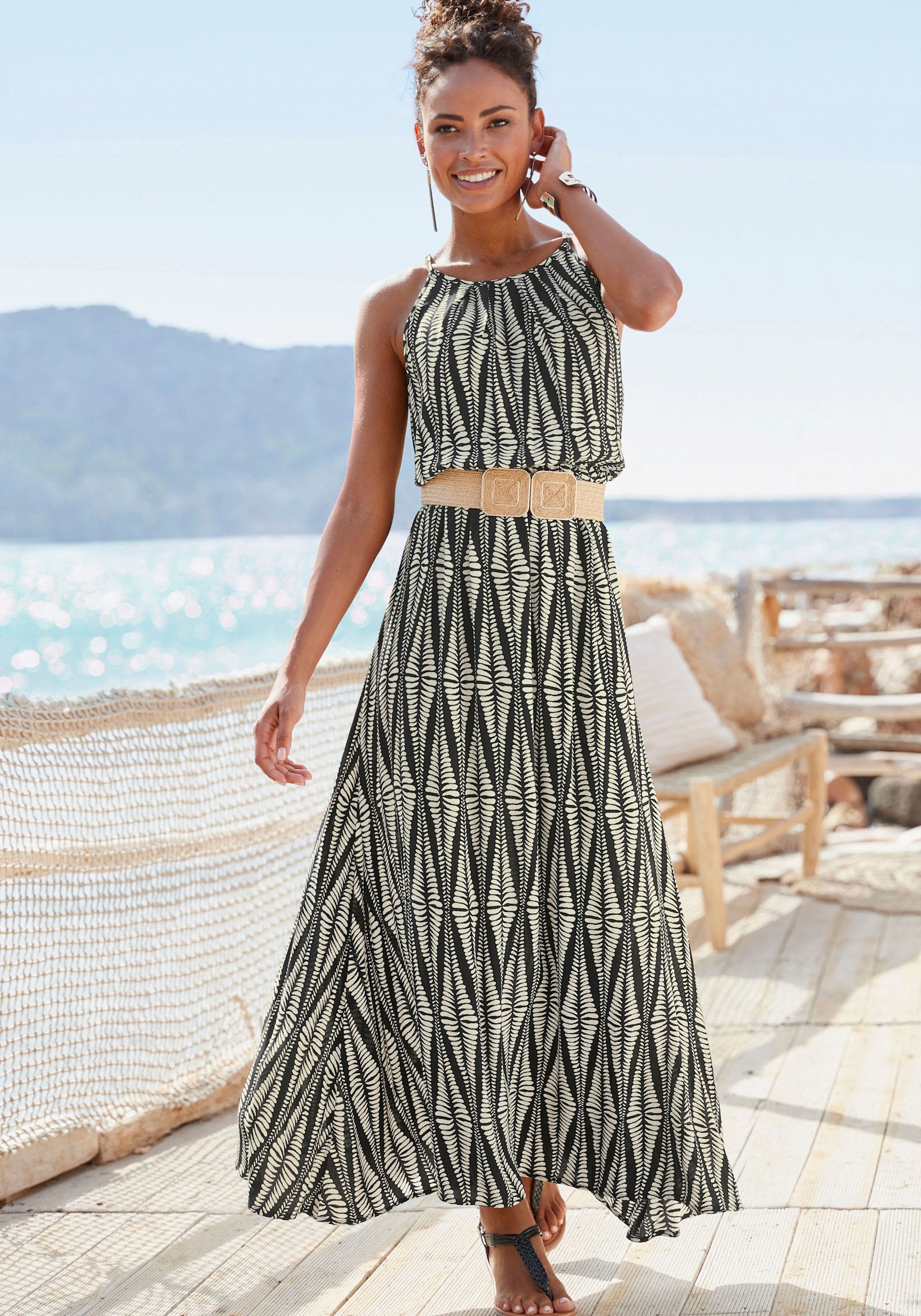 LASCANA Maxikleid - schwarz-sand bedruckt