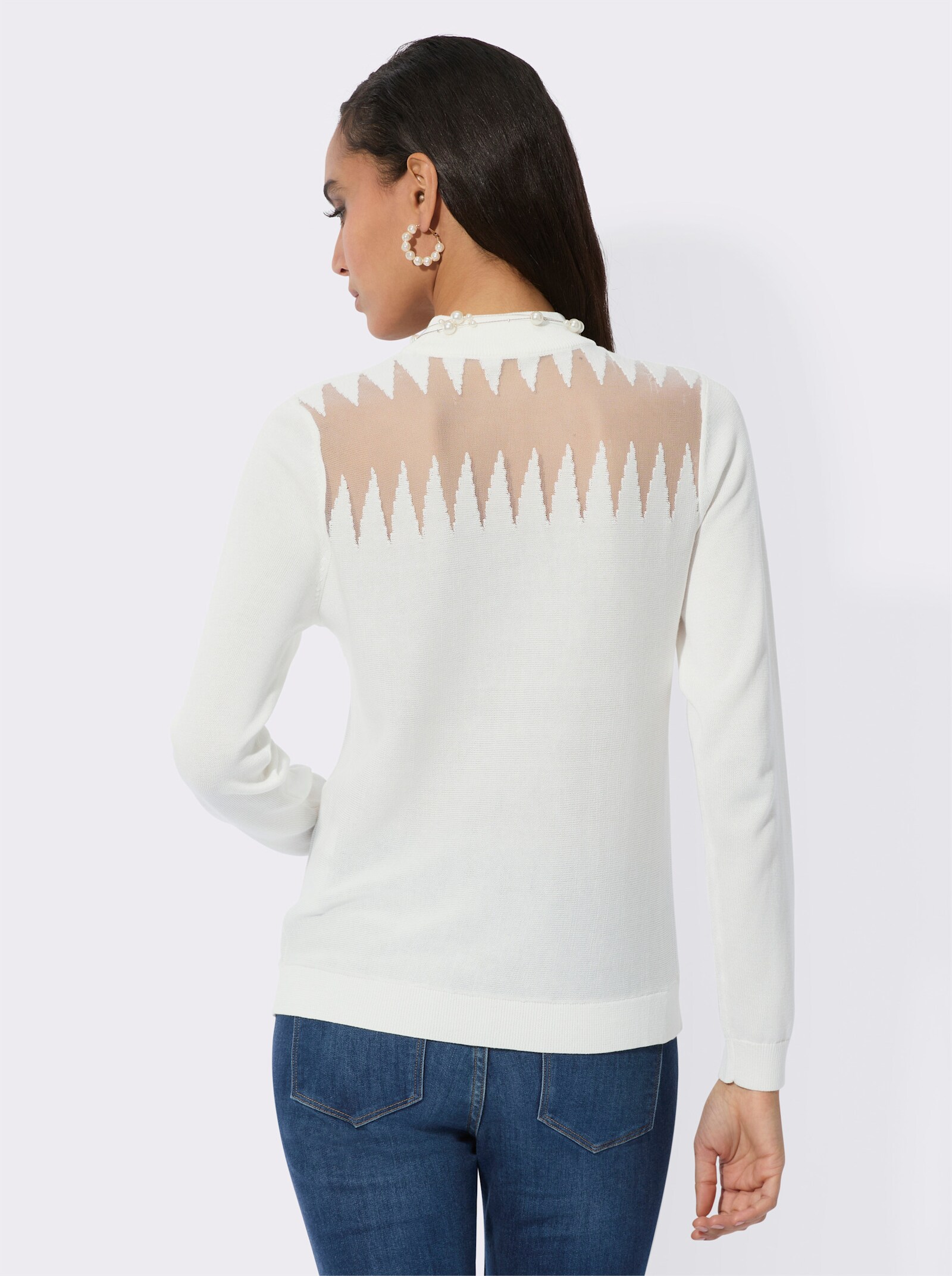 Feinstrickpullover mit transparenten Partien - ecru