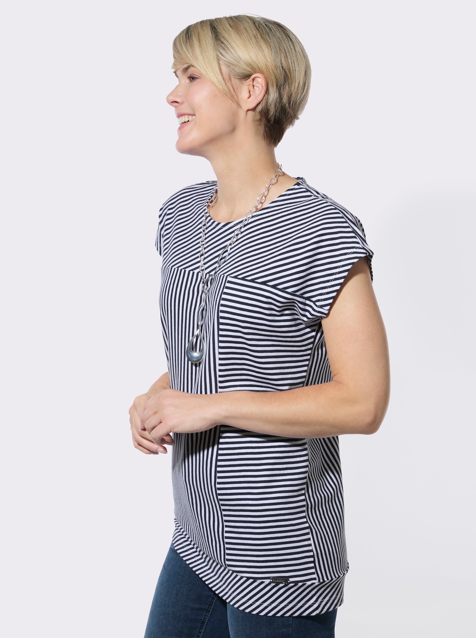Rundhalsshirt mit asymmetrischem Saum - marine-weiß-geringelt