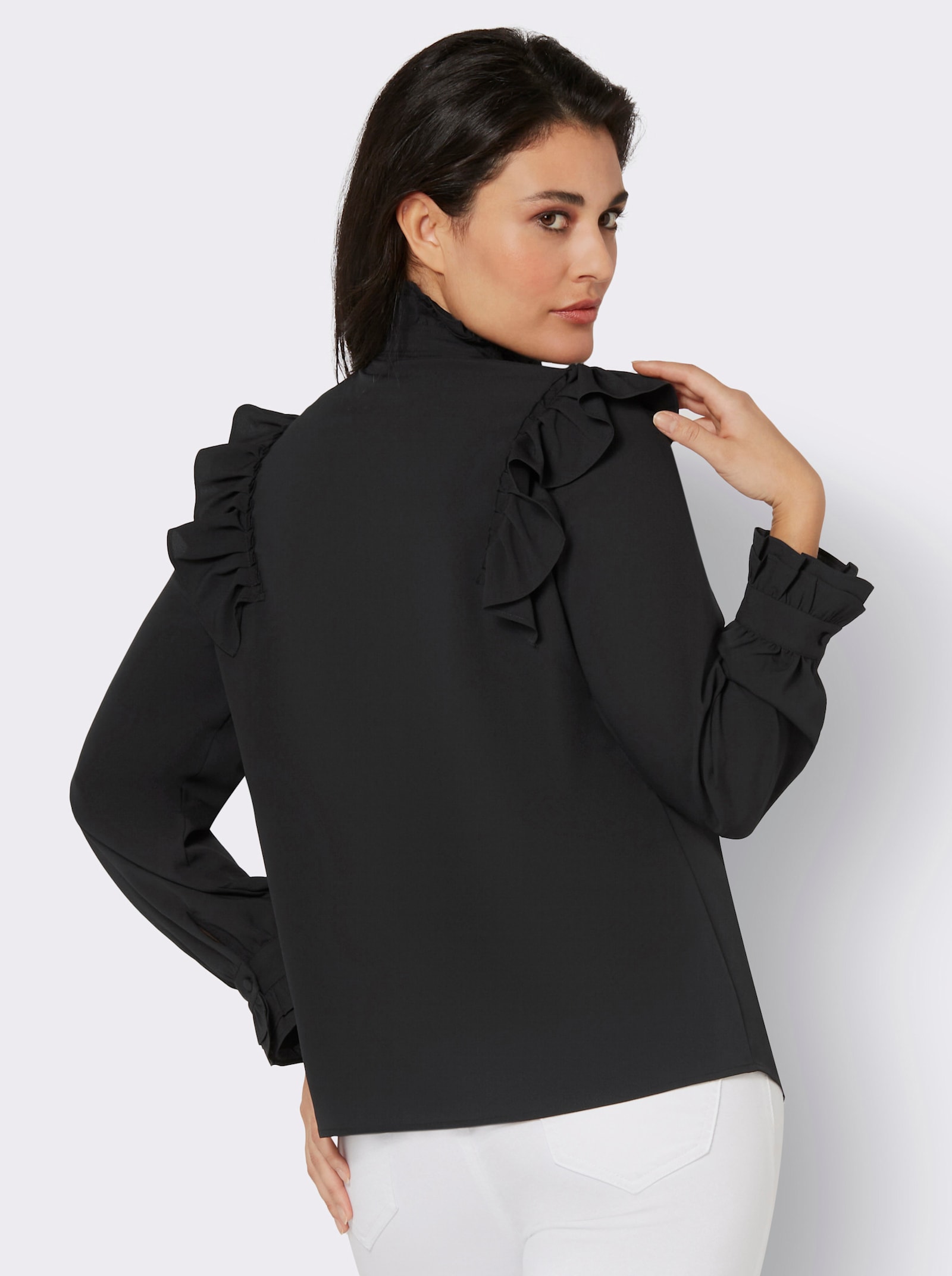 Crêpeblouse met ruches aan de opstaande kraag - zwart