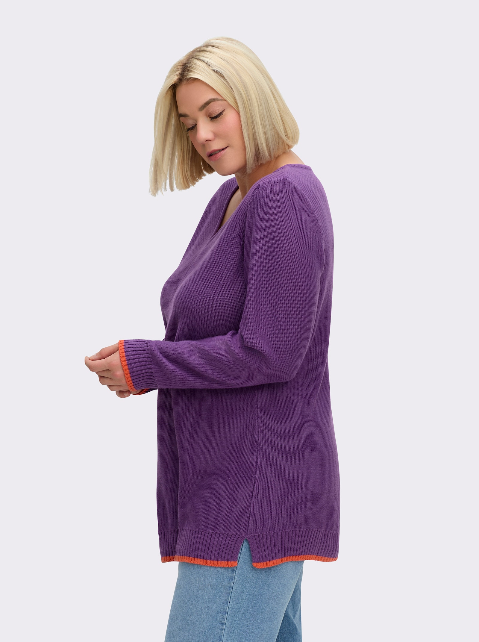 sheego V-Ausschnitt-Pullover mit Kontraststreifen - lila-orange