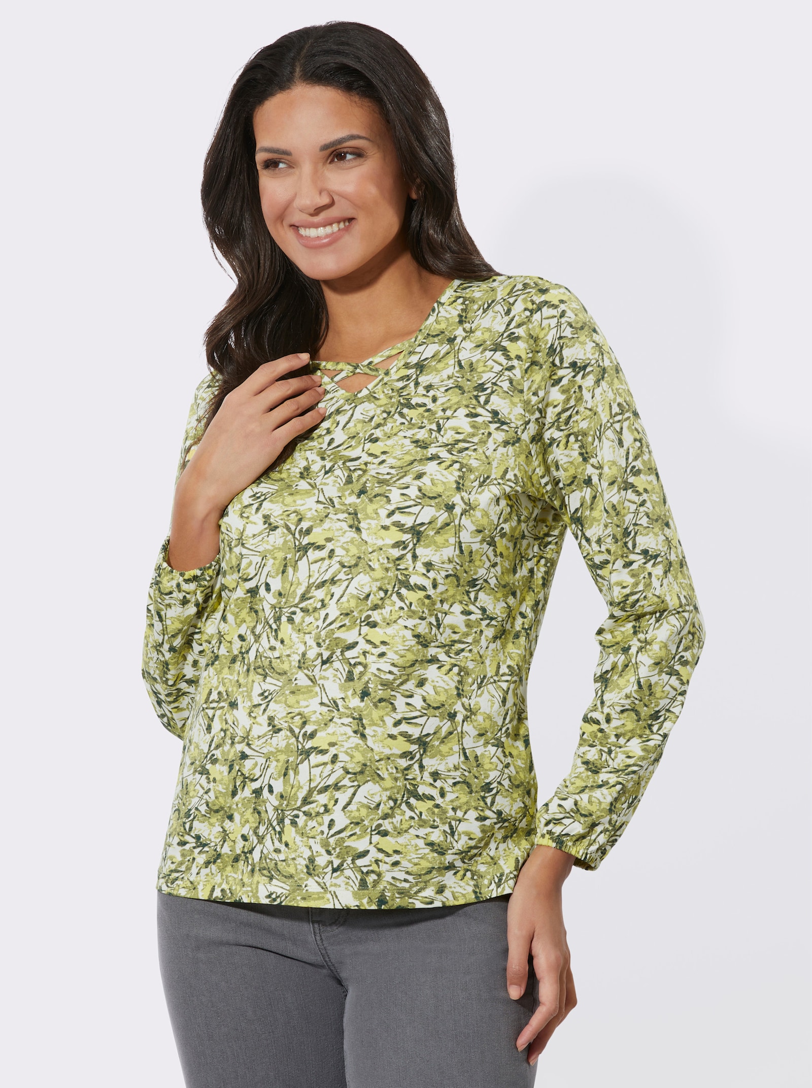 Langarmshirt mit überkreuzten Bändern - lindgrün-zitrone-bedruckt