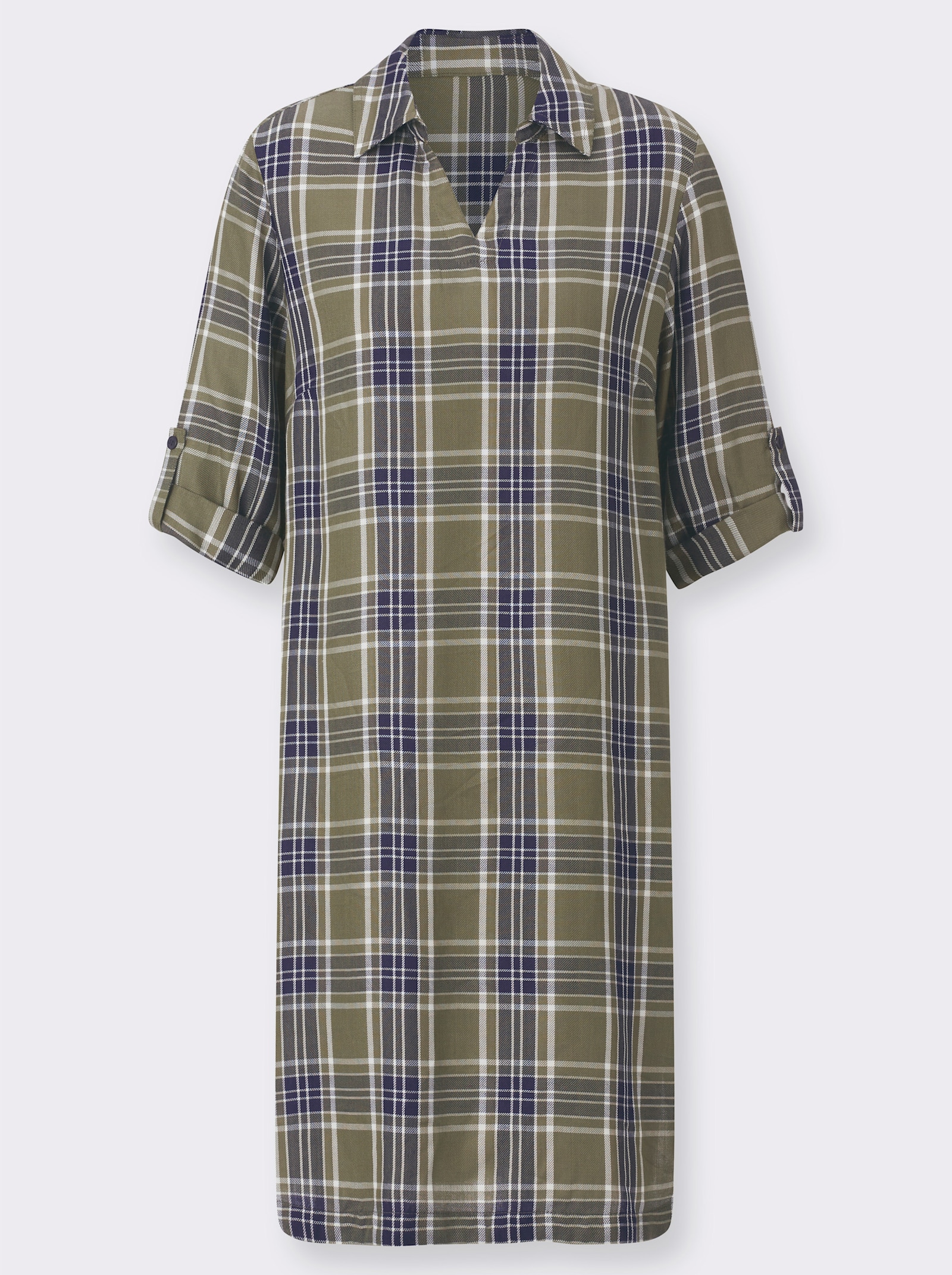 Karokleid mit krempelbaren Ärmeln - oliv-marine-kariert