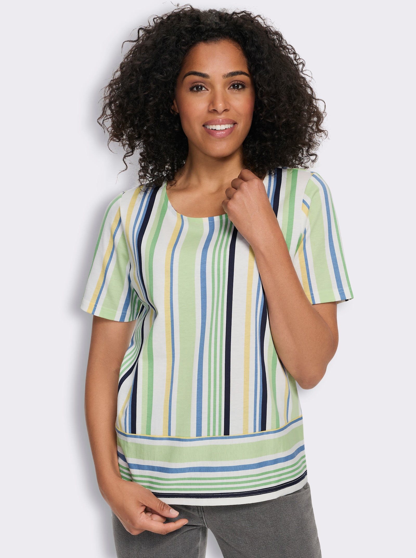 Shirt met korte mouwen en verticale strepen, katoen - appelgroen/marine bedrukt