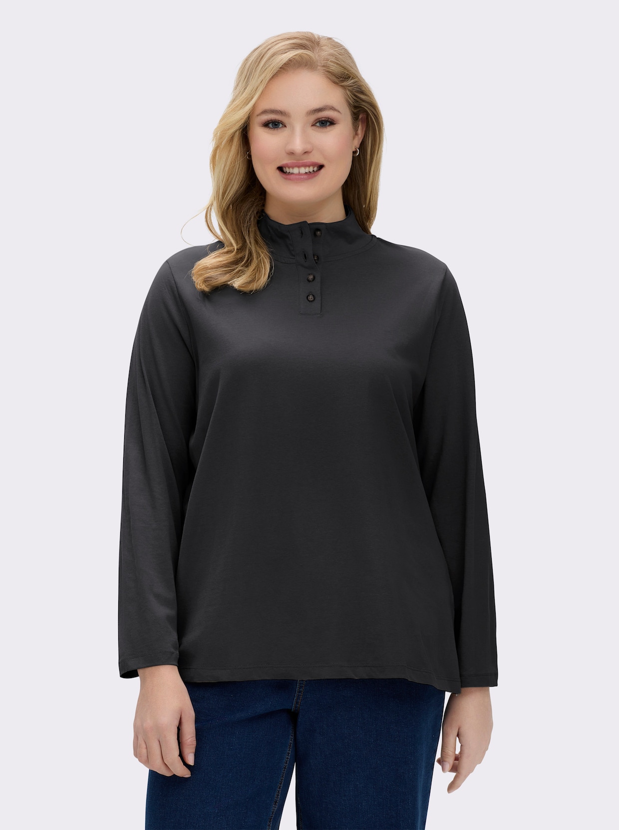 Stehkragenshirt mit Schmuckknöpfen - schwarz