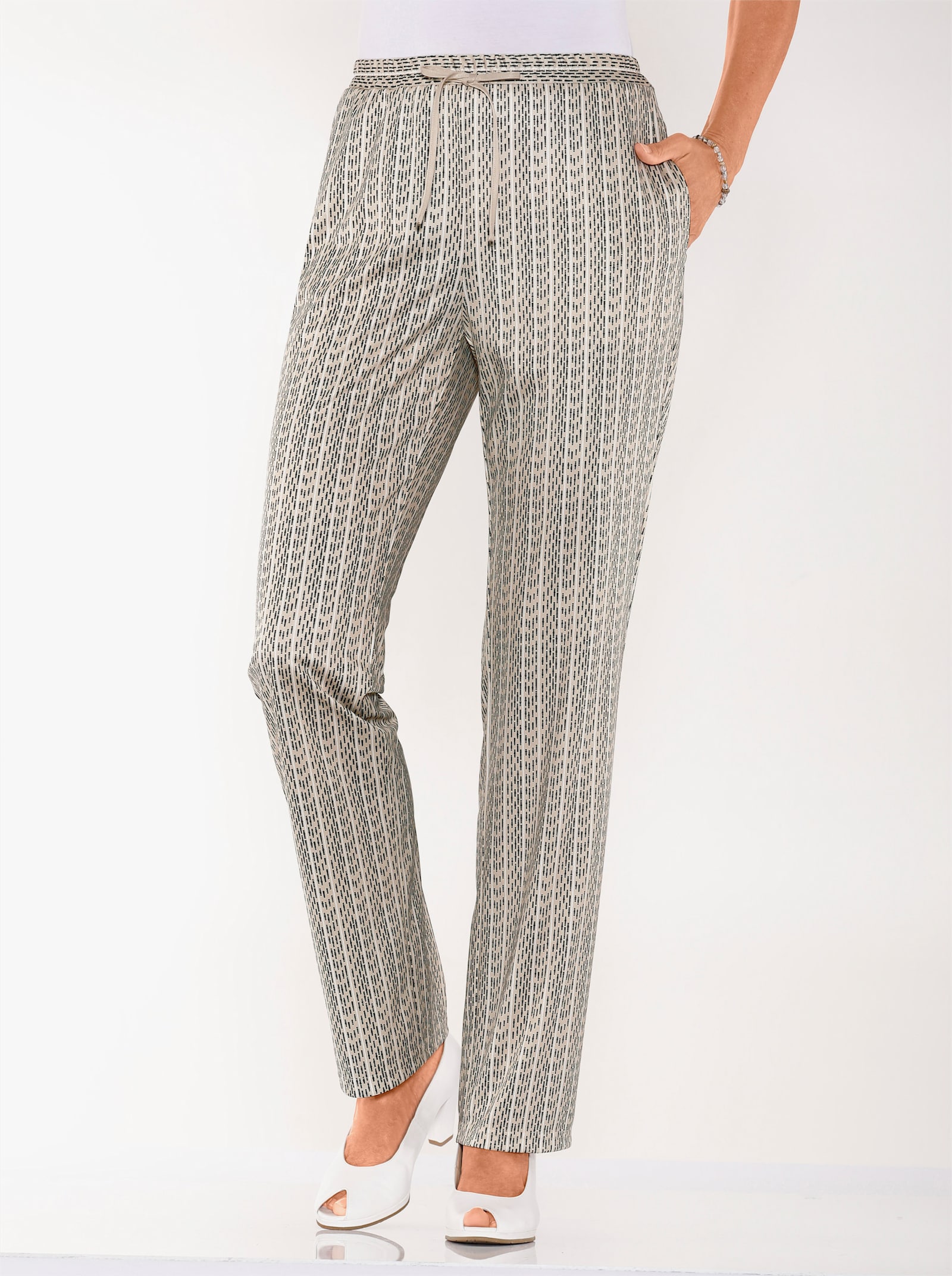 Jerseybroek met bindceintuur - zand gestreept