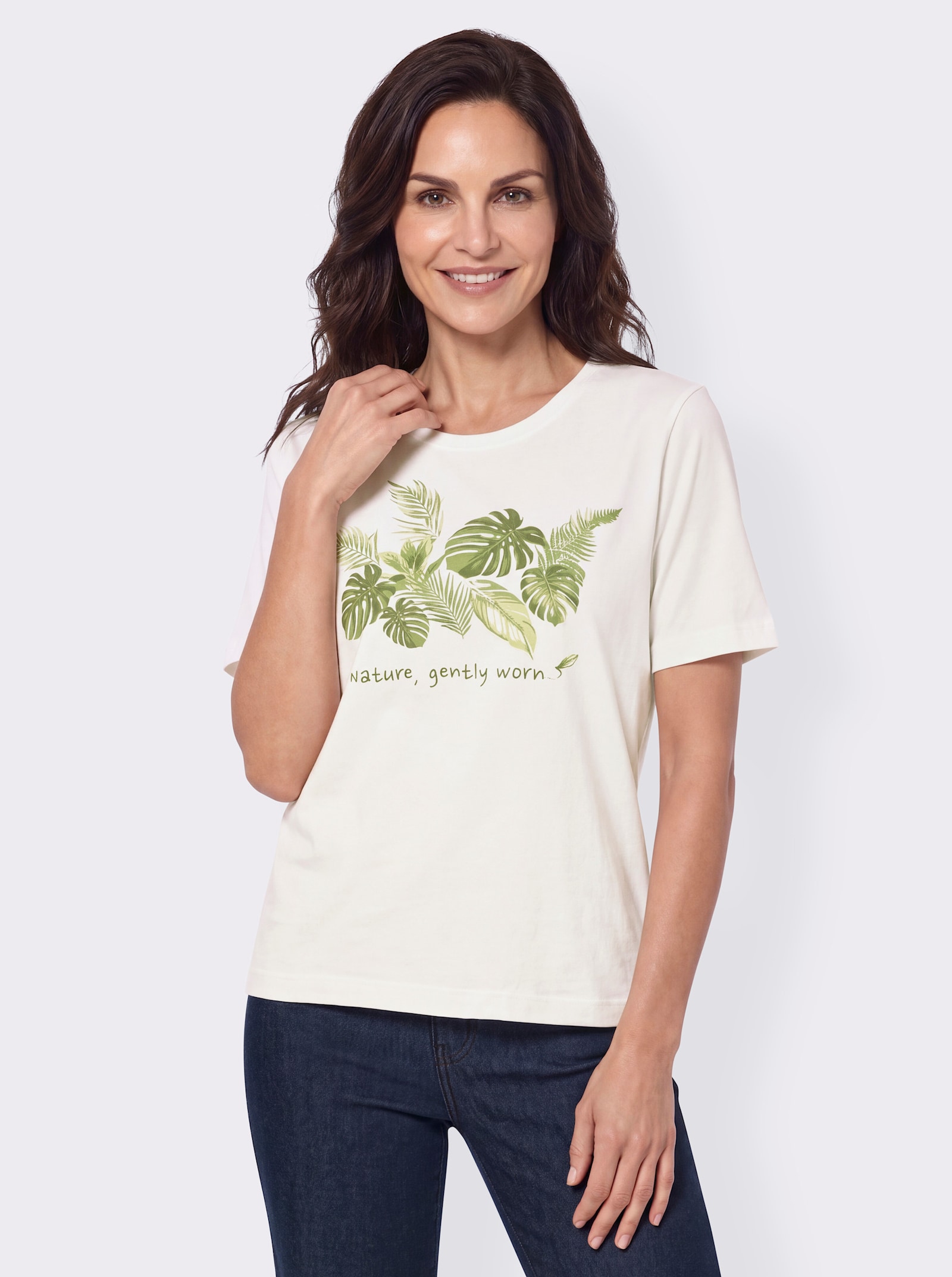 Print-Shirt mit Blätter-und Schriftzug-Motiv - ecru-oliv-bedruckt