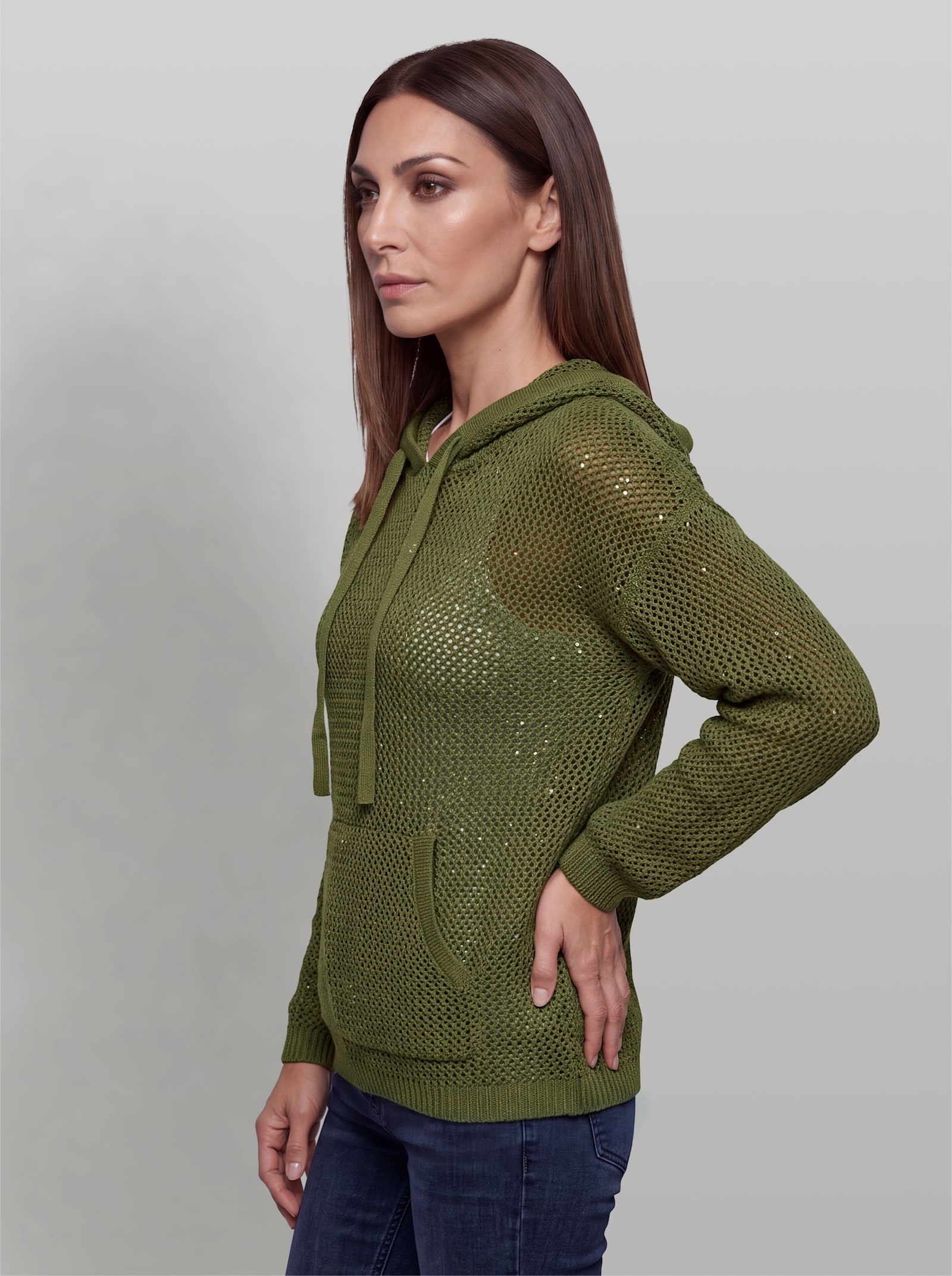 heine Lurex-Pullover mit Kapuze - oliv