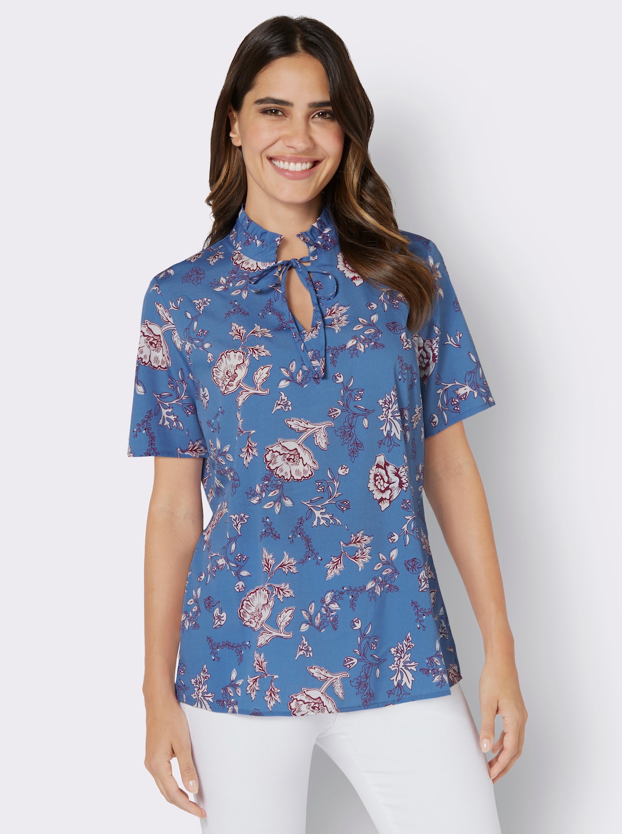 Comfortabele blouse - mediumblauw/bordeaux bedrukt