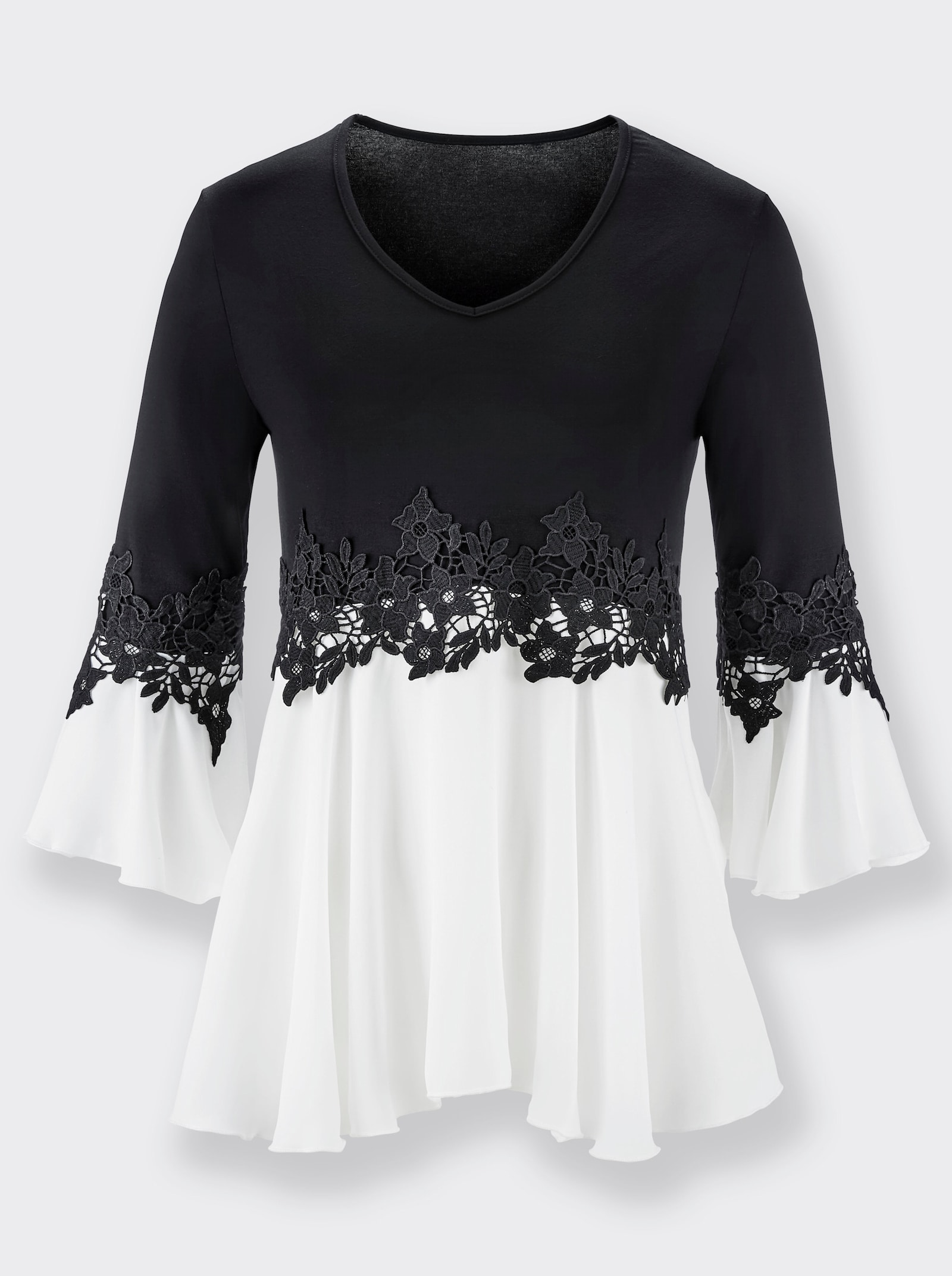 V-Shirt mit Volants an den Ärmeln - schwarz-weiss