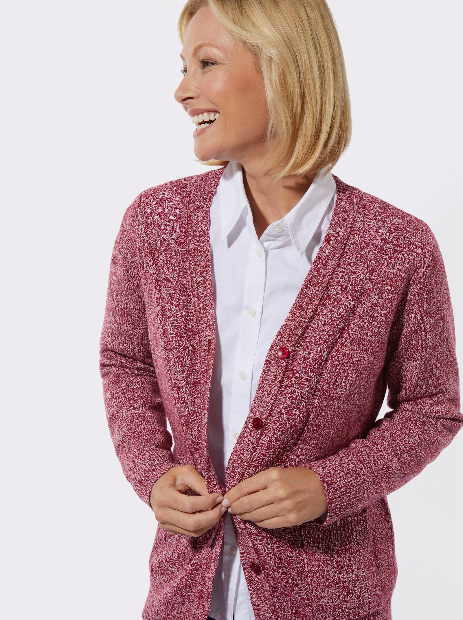 Strickjacke in Flausch-Qualität - kirsche-ecru-meliert