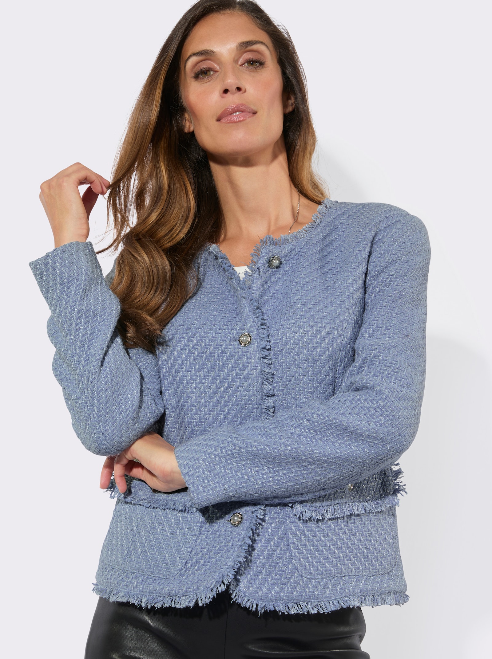 Bouclé-Blazer mit Fransen-Verzierung - taubenblau