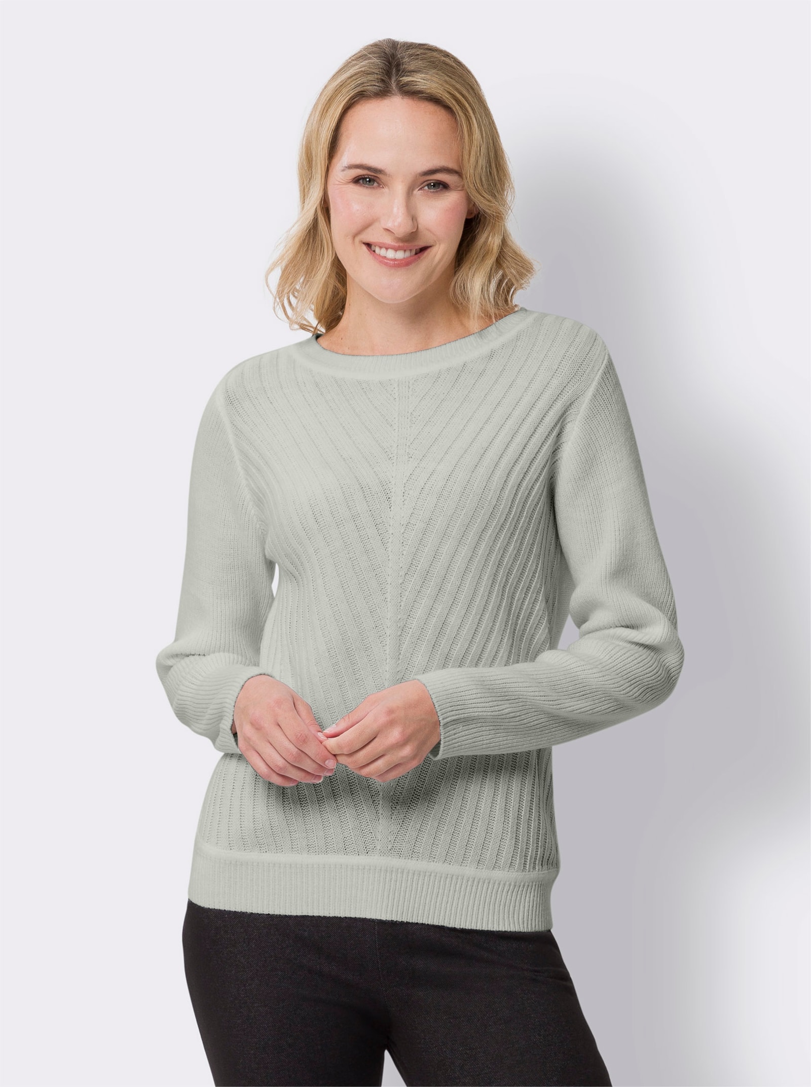 Tröja med rund halsringning & ribbstickat mönster - ljusgrå, melerad