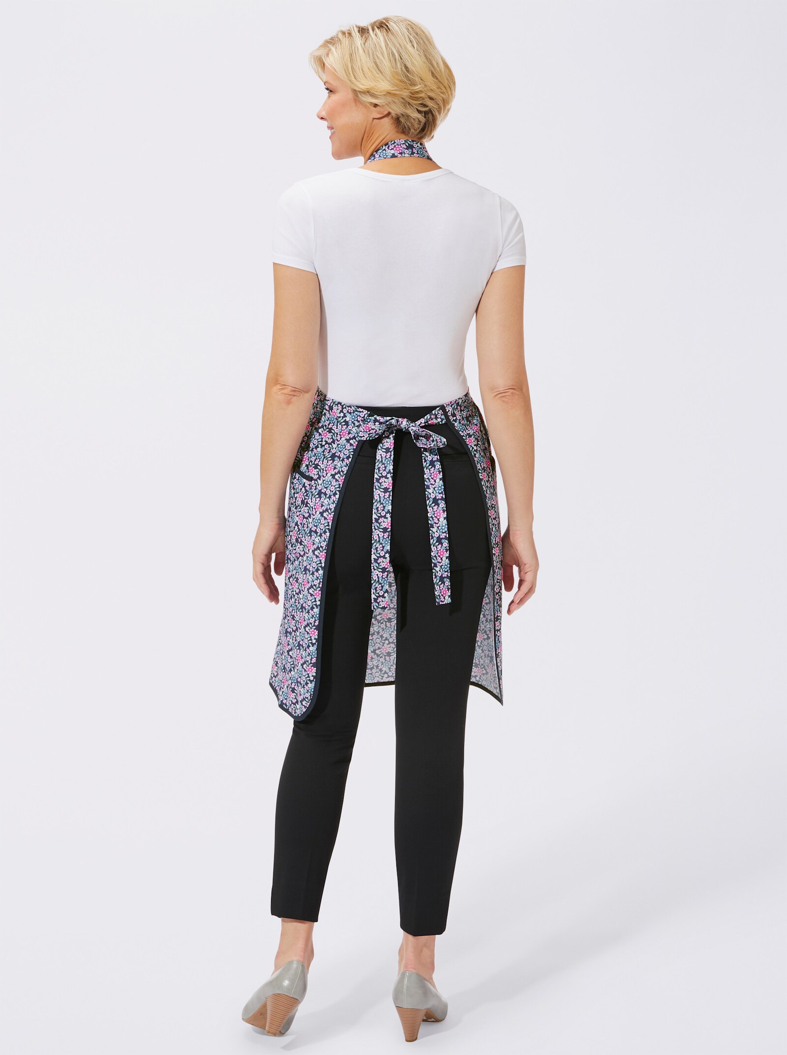 Latzschürze mit Bindebändern - marine-geblümt