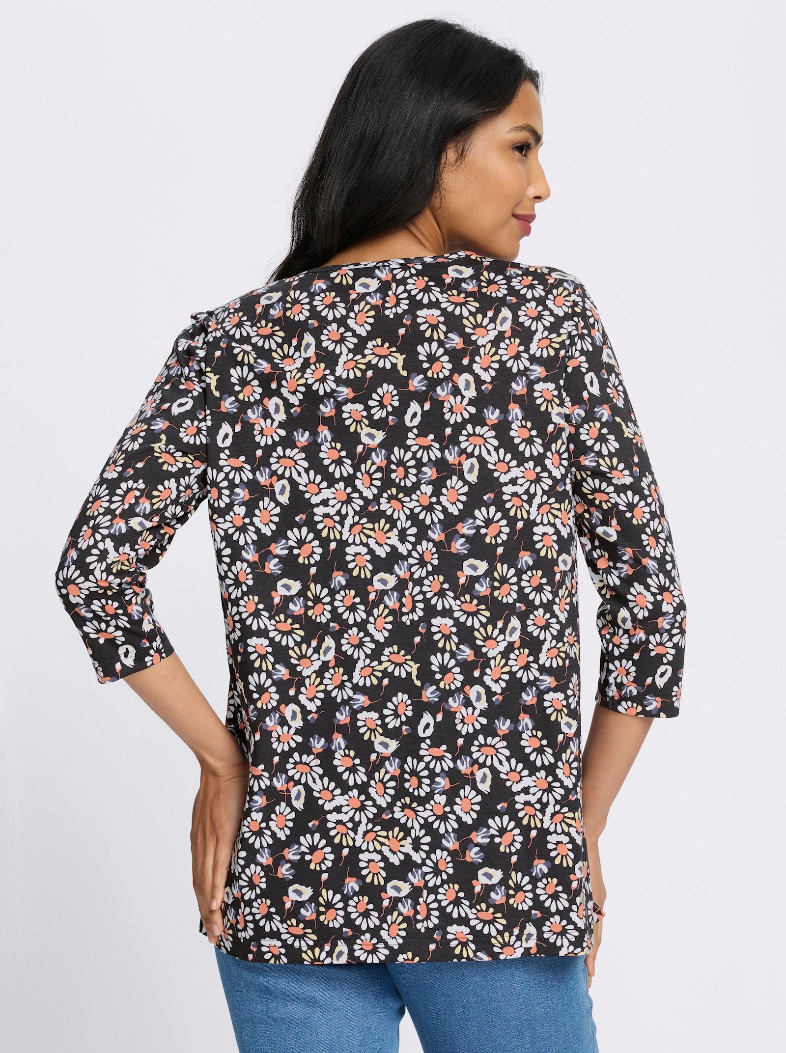 Longshirt im Blüten-Dessin - schwarz-papaya-bedruckt