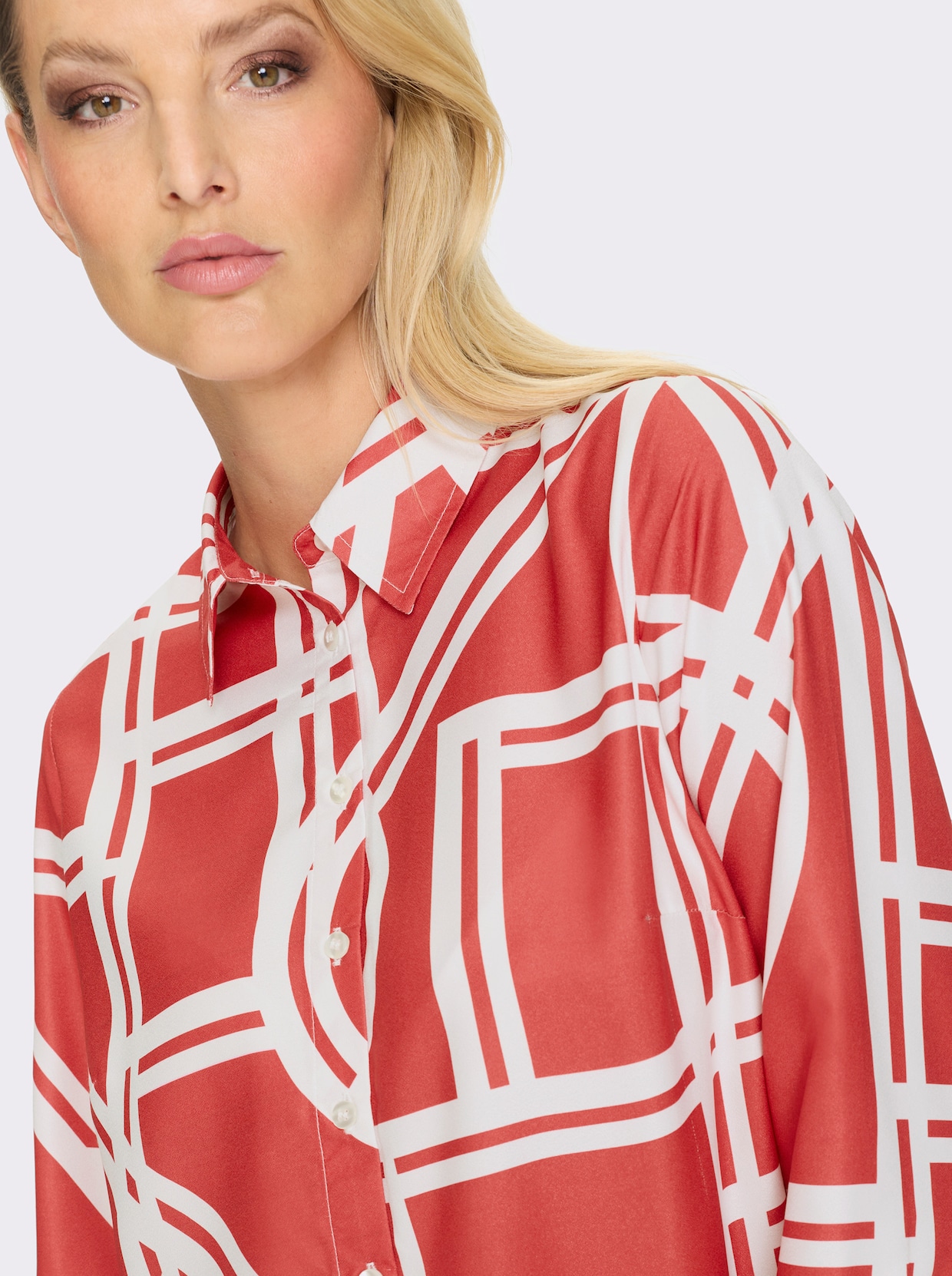 heine Druckbluse - rot-ecru-bedruckt