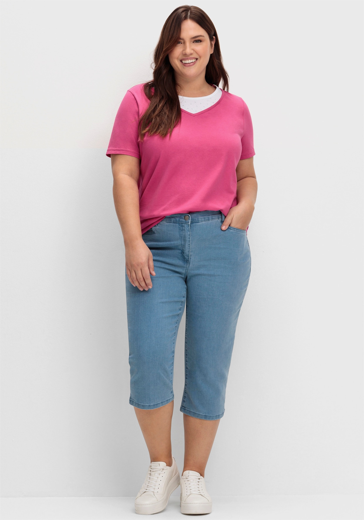 Kurzarmshirt mit Ziersteinchen - fuchsia