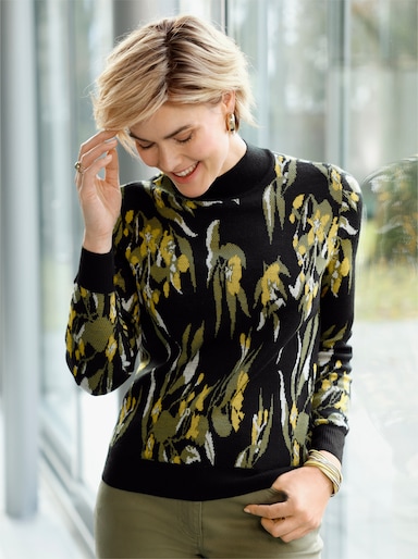 Jacquard-Pullover mit Stehkragen - schwarz-ocker-gemustert