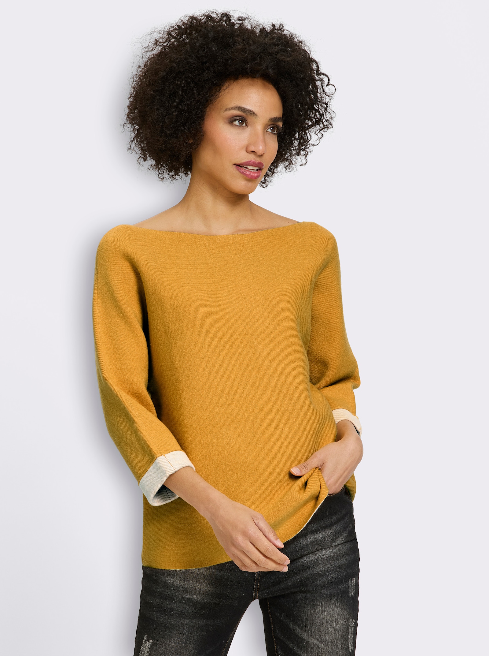 heine Feinstrickpullover mit Kontrast-Details - ocker