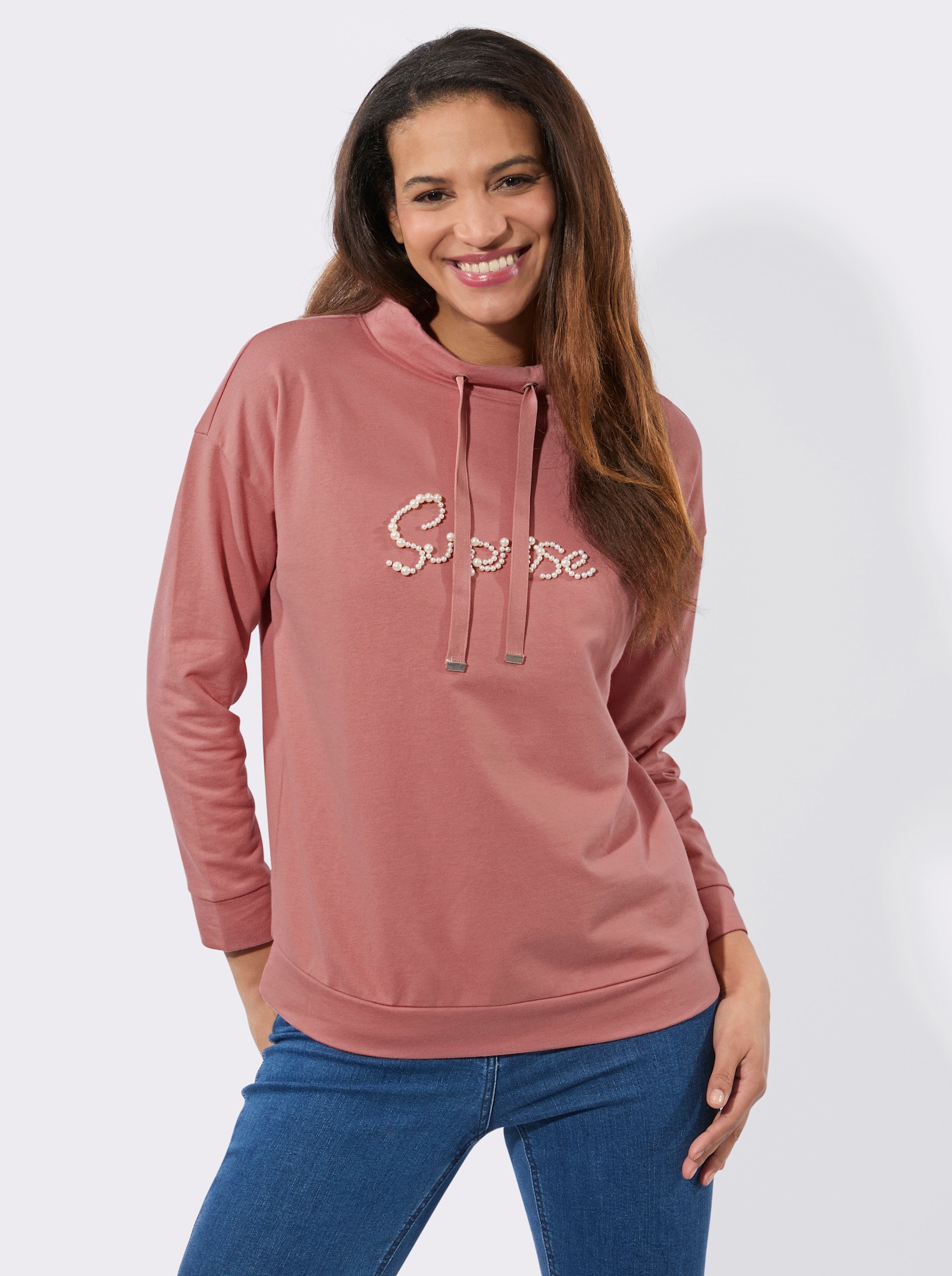 Sweatshirt mit genieteten Zierperlen - rosenholz